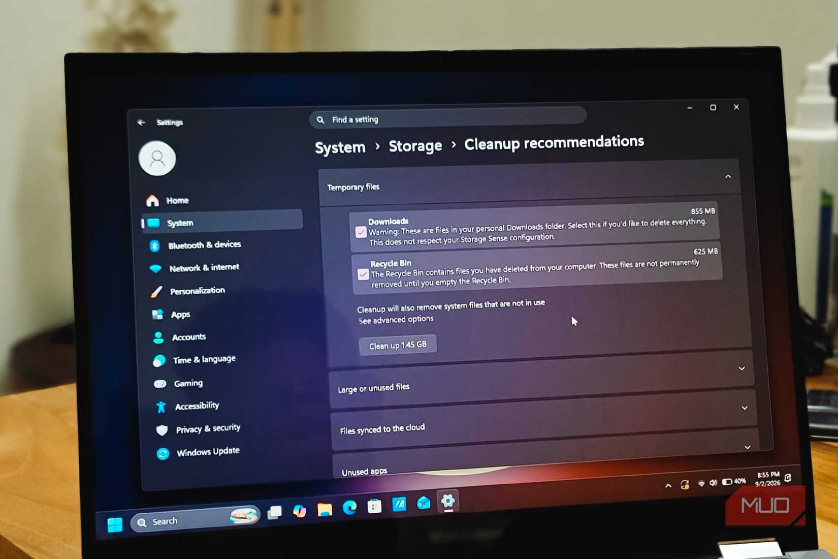 windows settings system storage cleanup recommendations on a Asus Vivobook S14 Flip