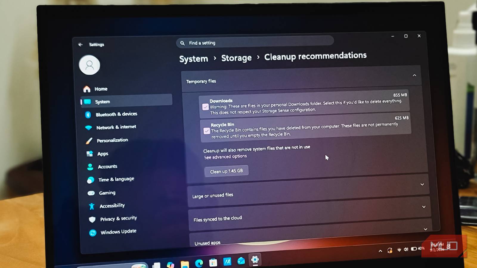 windows settings system storage cleanup recommendations on a Asus Vivobook S14 Flip