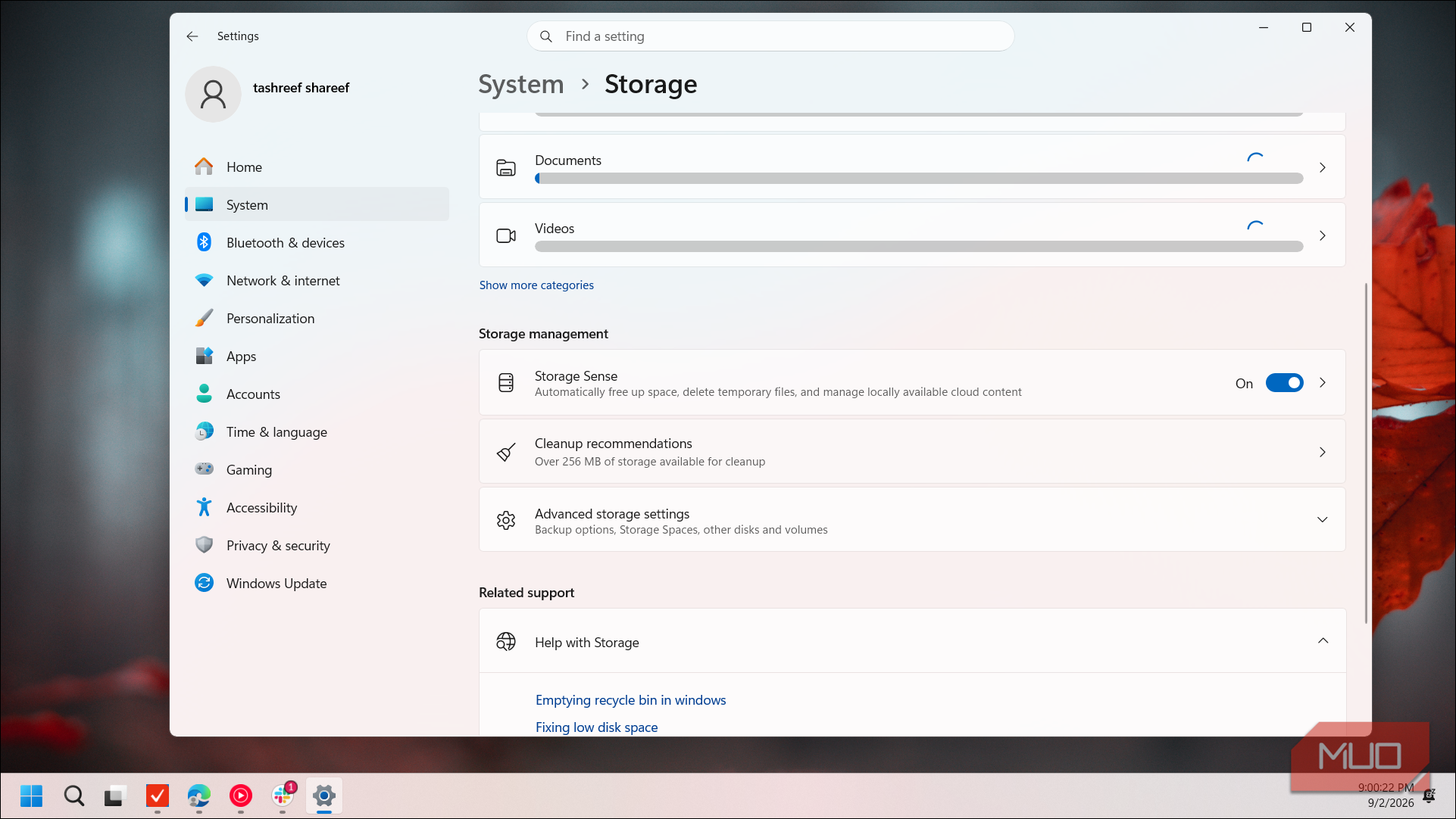 windows settings system storage management page