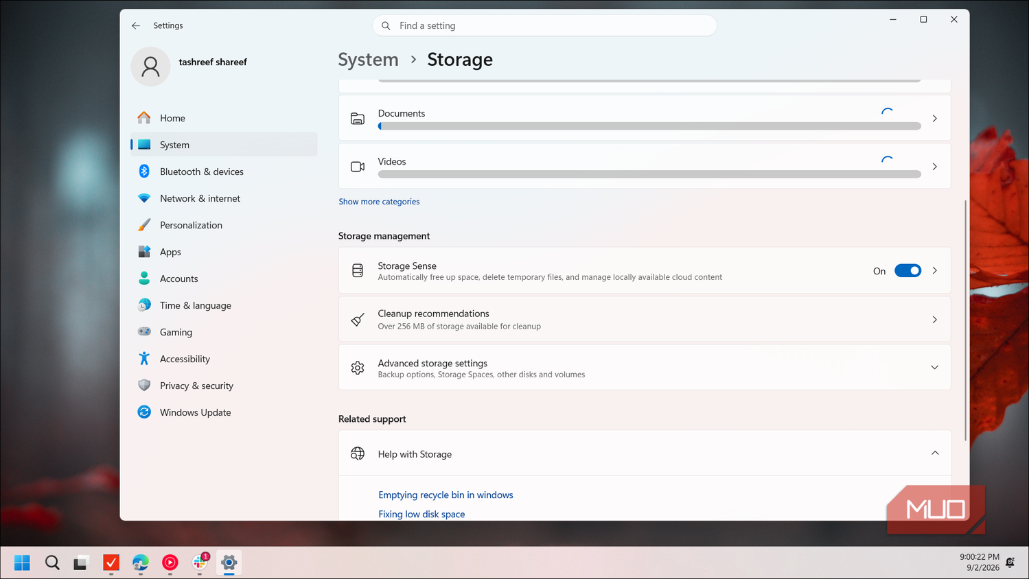 windows settings system storage management page