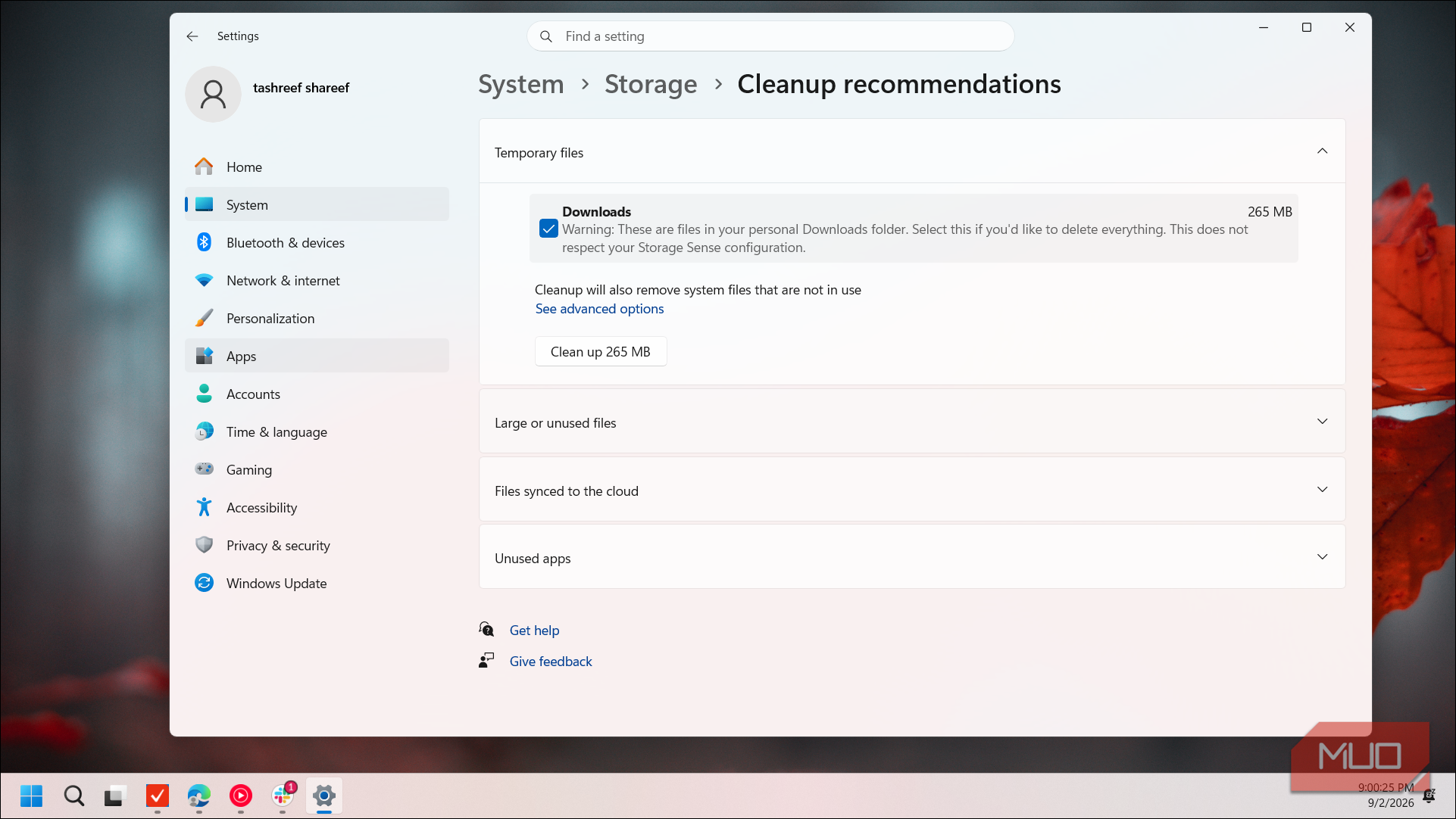 windows system storage cleanup recommendations settings page
