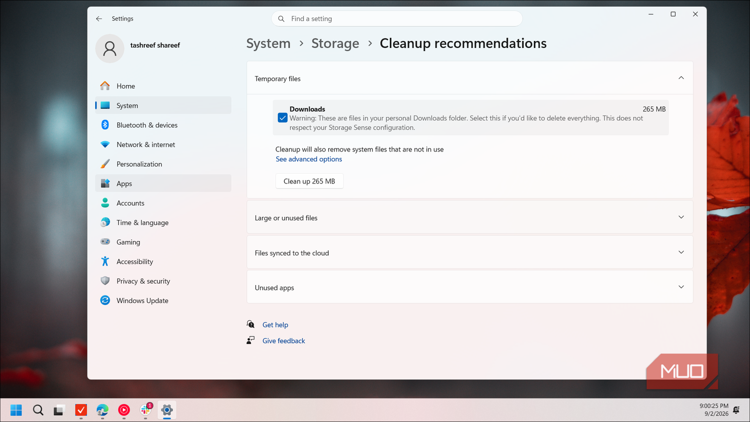 windows system storage cleanup recommendations settings page