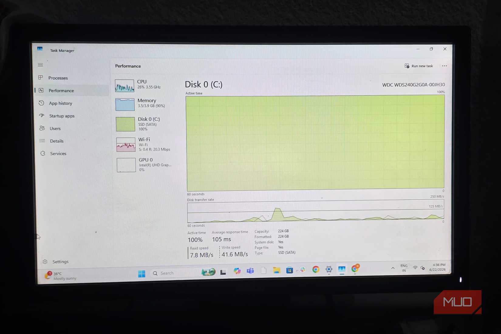 Windows Task Manager showing 100% disk usage