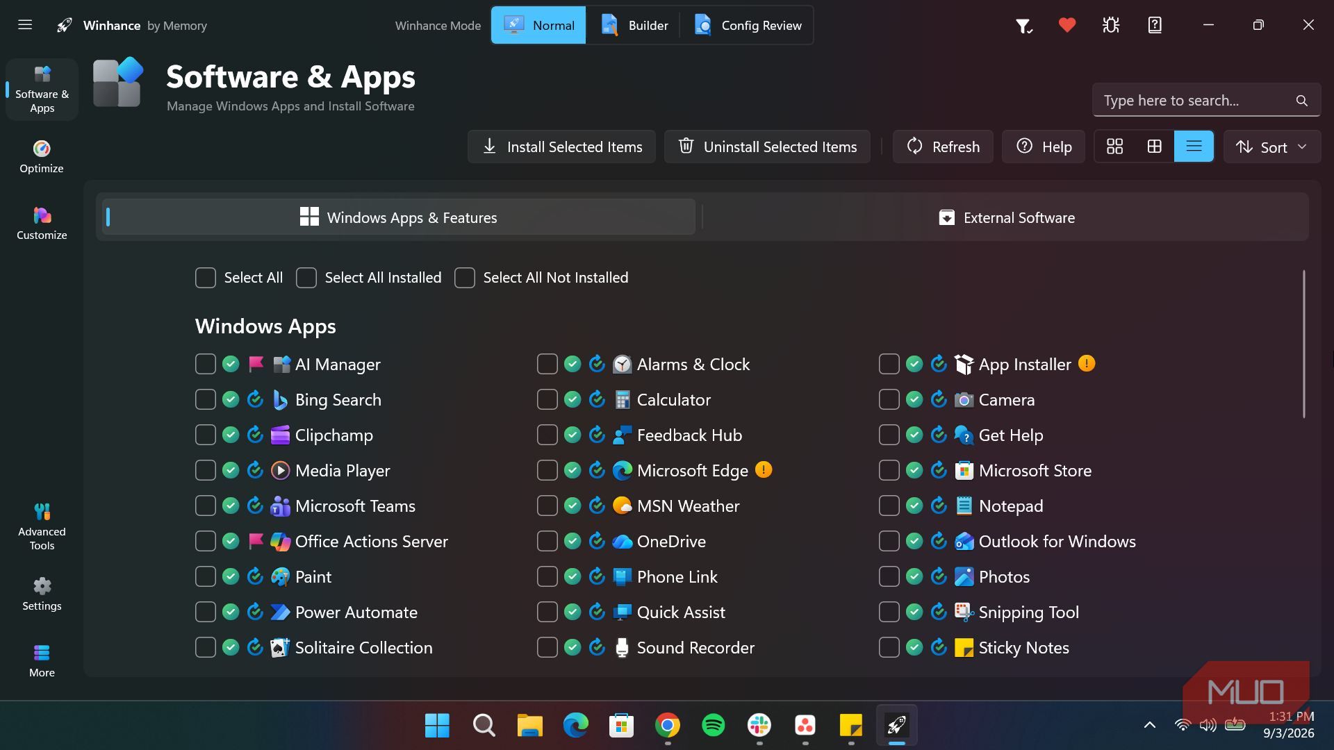 Winhance apps section in a compact view