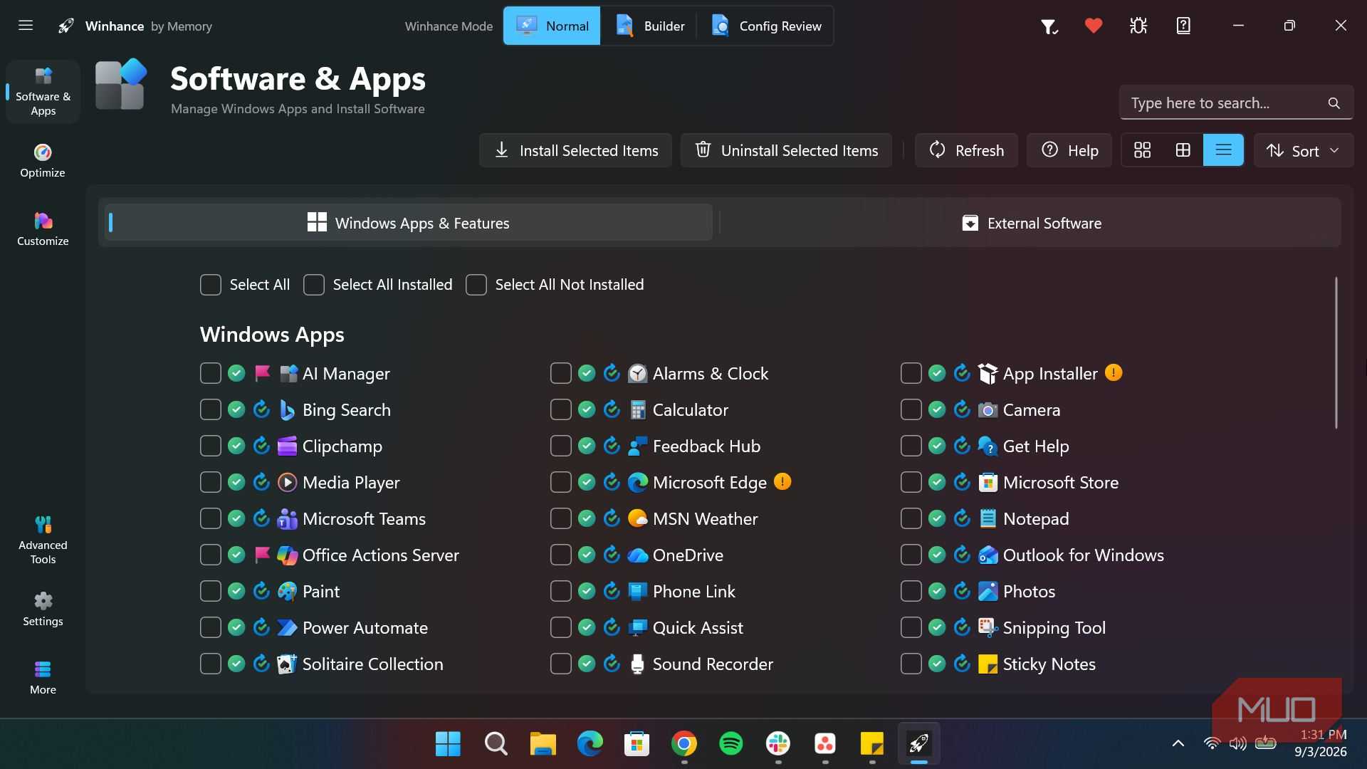 Winhance apps section in a compact view