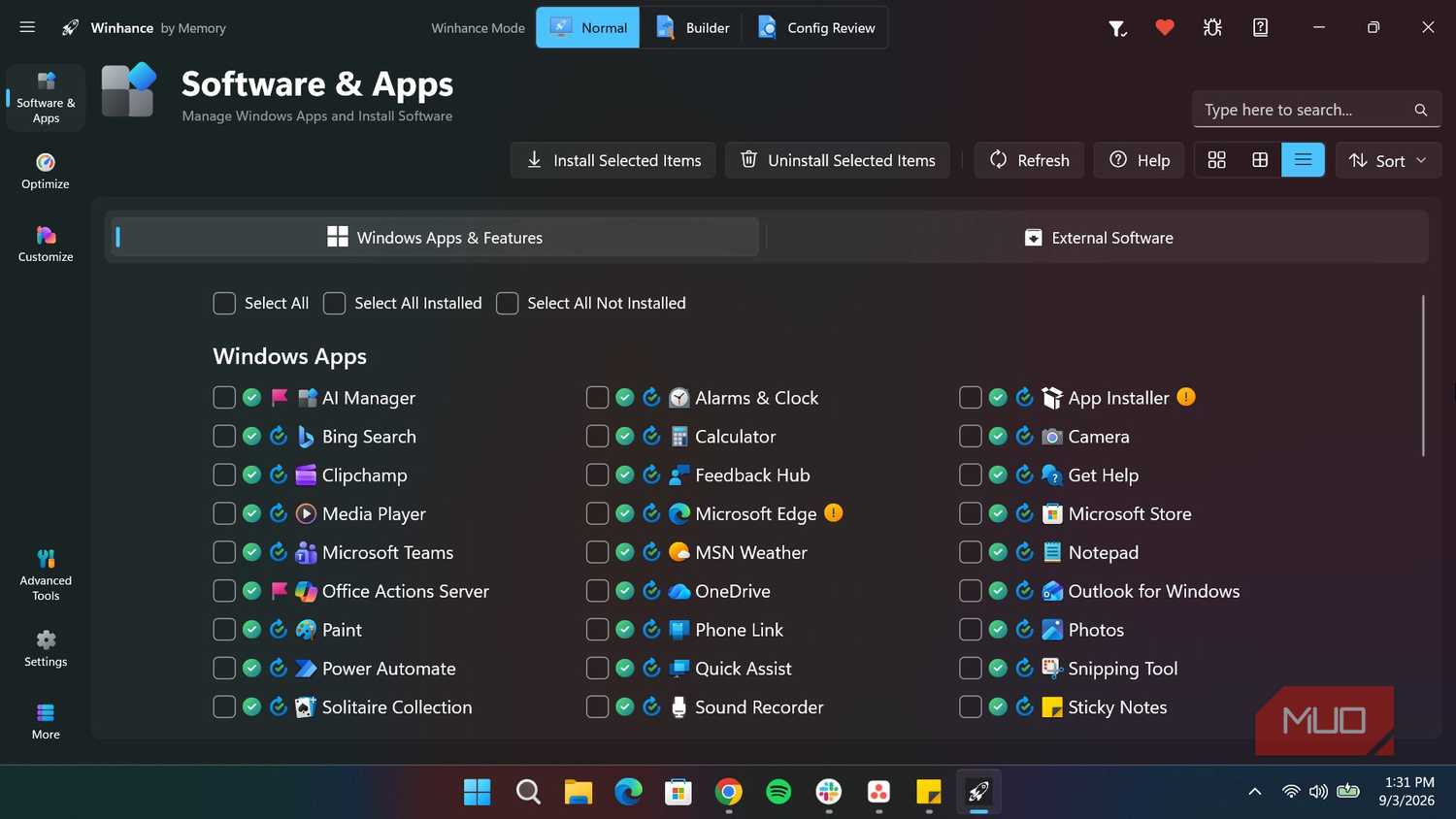Winhance apps section in a compact view