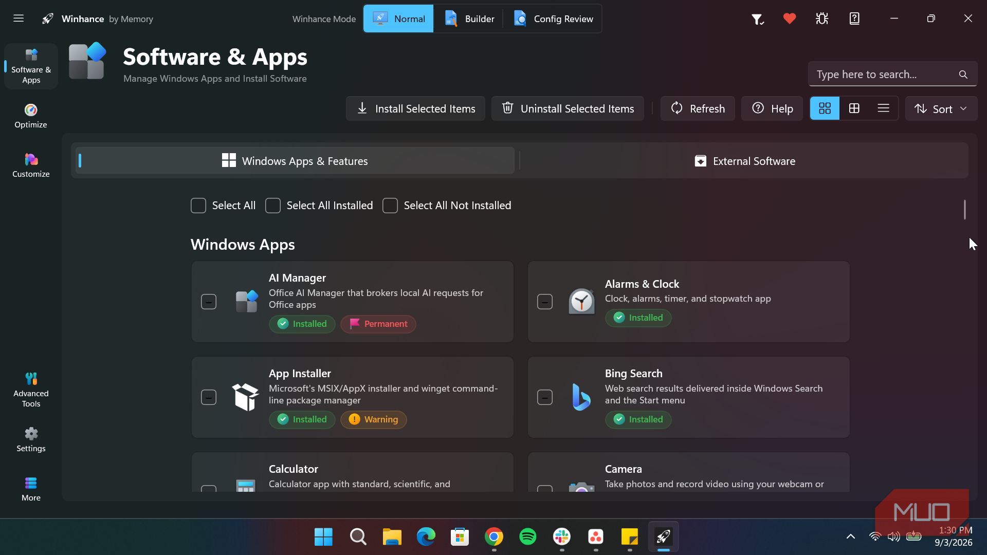 Winhance software and apps section