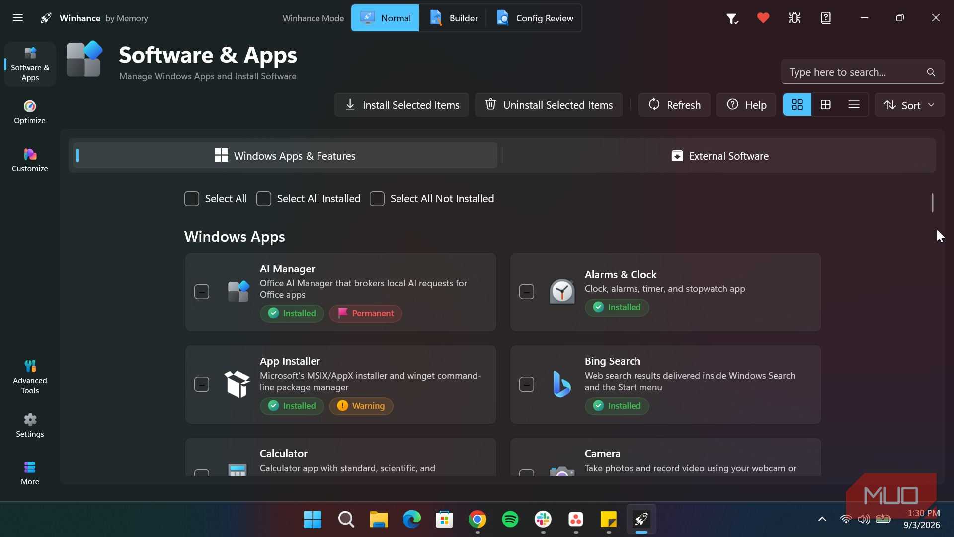 Winhance software and apps section