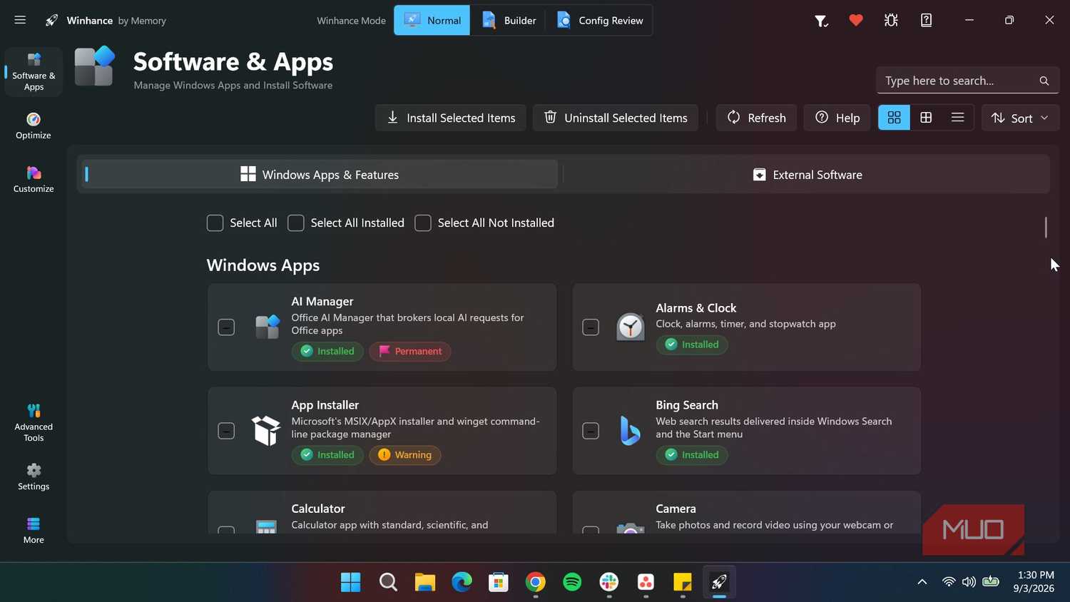 Winhance software and apps section