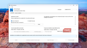 WinStoreRegion application window displaying installation settings