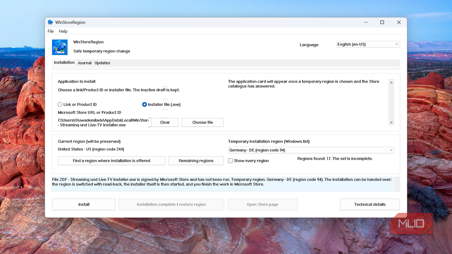 WinStoreRegion application window showing installation settings (2)