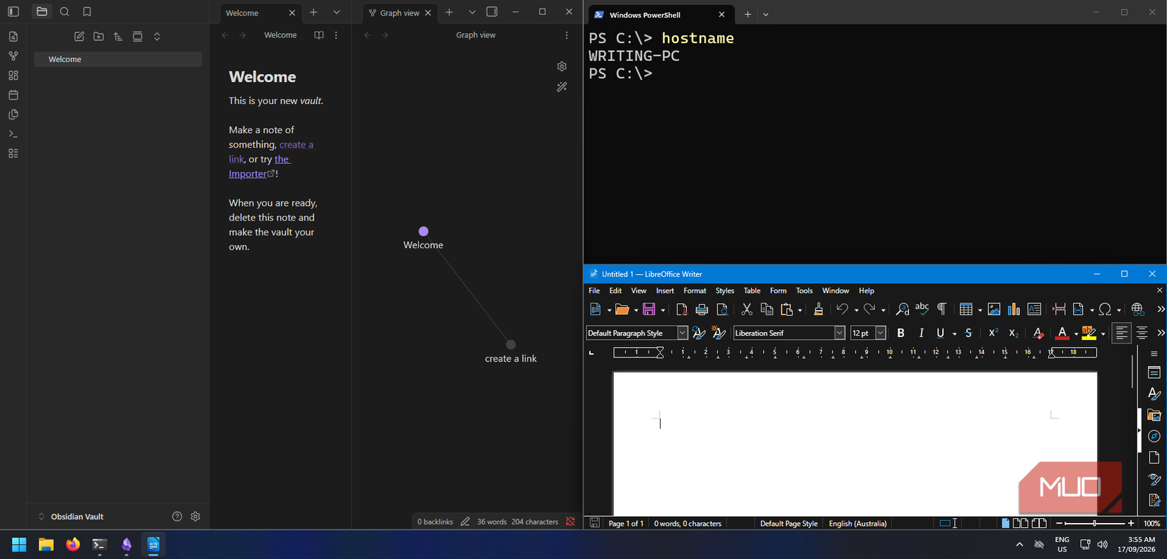 WRITING-PC Windows linked clone running an independent Obsidian vault and LibreOffice Writer