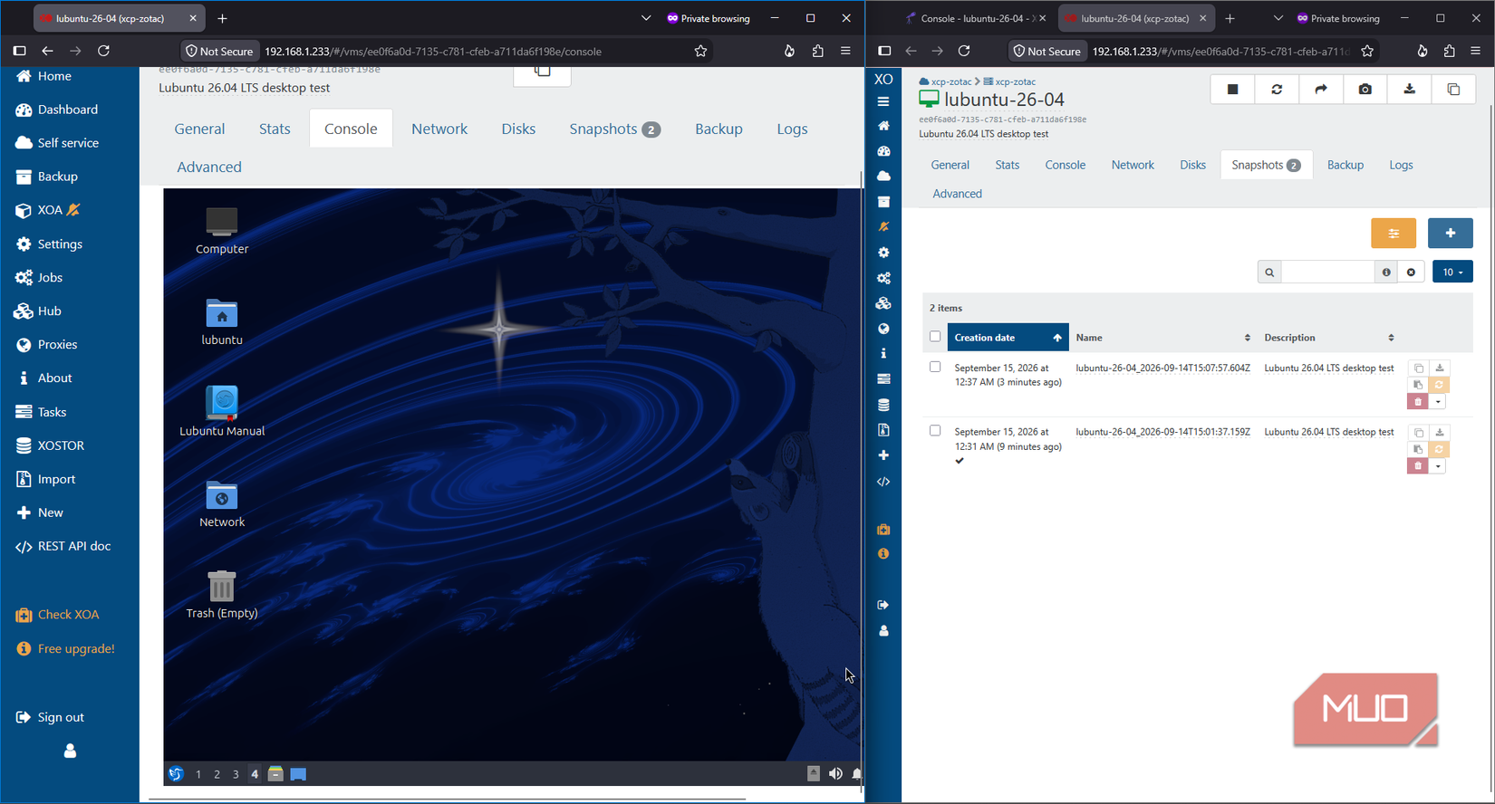 Lubuntu restored to its earlier desktop after Xen Orchestra reverted an XCP-ng snapshot