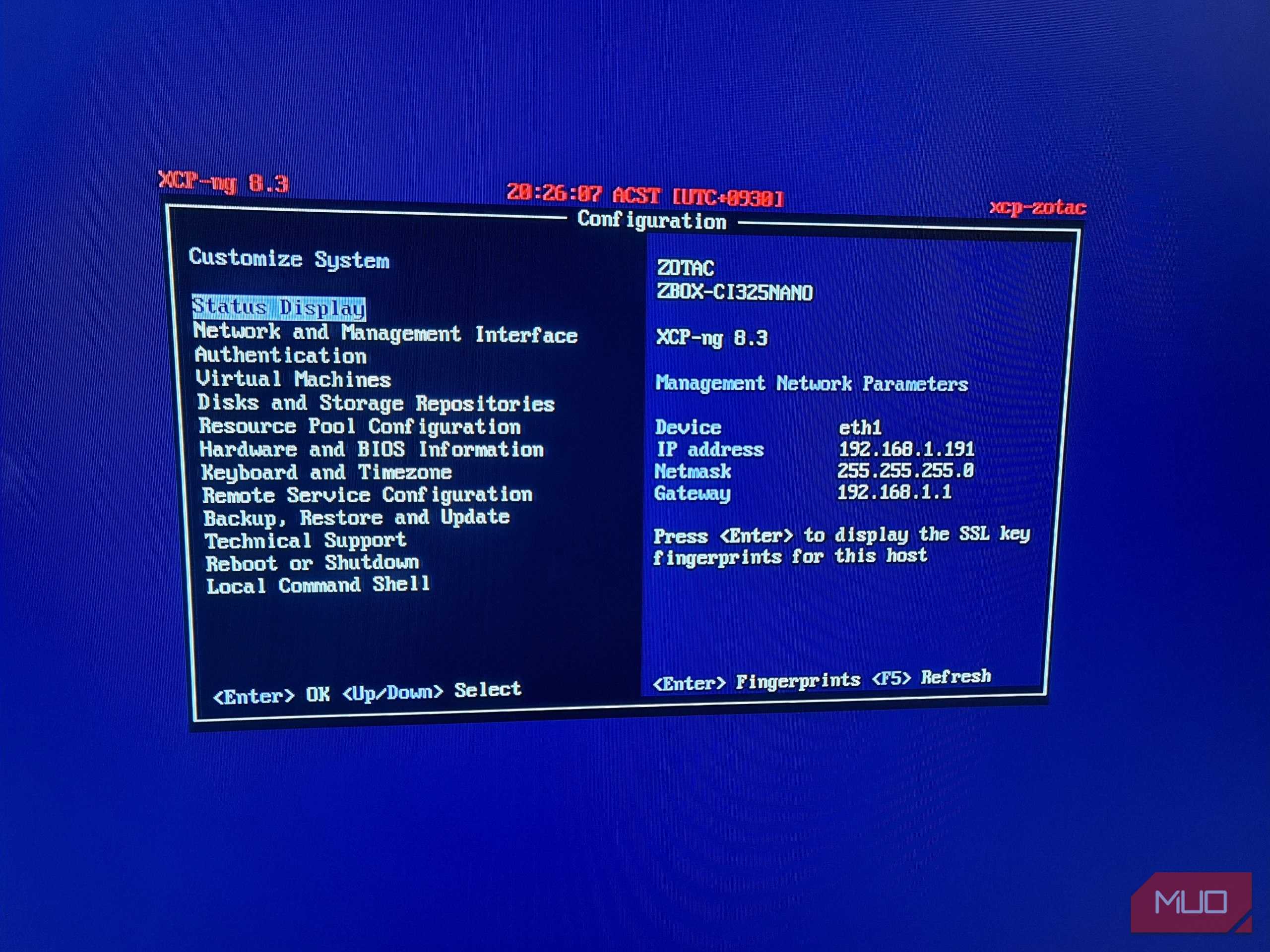 XCP-ng running successfully on a Zotac ZBOX mini PC with its management IP displayed