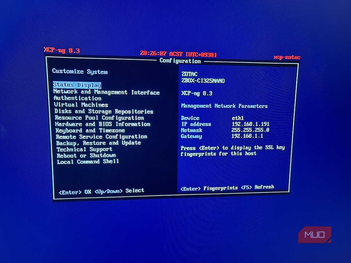 XCP-ng running successfully on a Zotac ZBOX mini PC with its management IP displayed