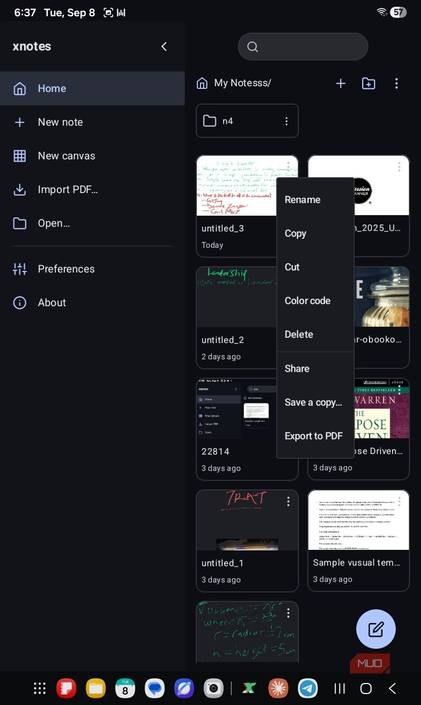 select export to PDF on xnotes.