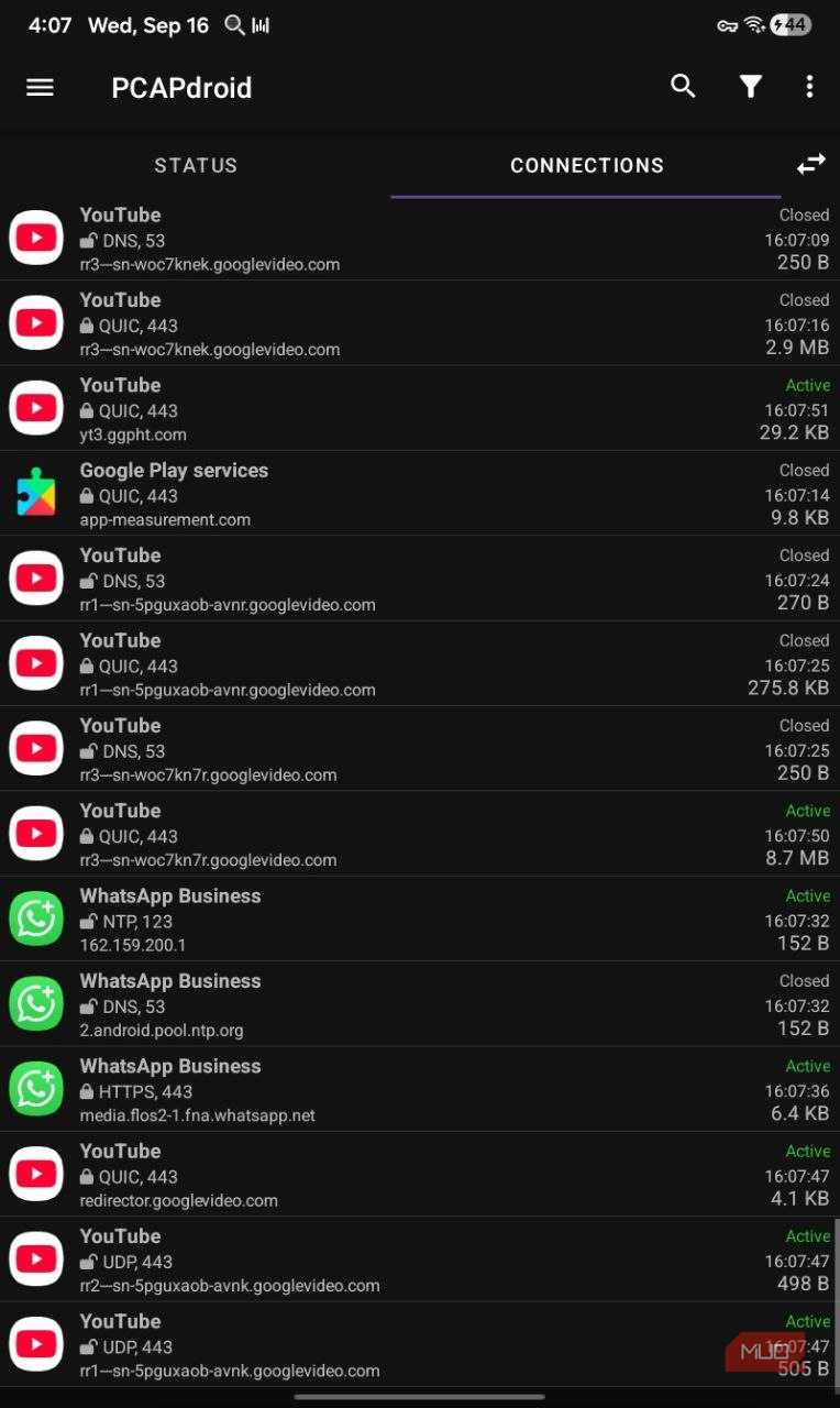Youtube and whatsapp connection list PCAPdroid.