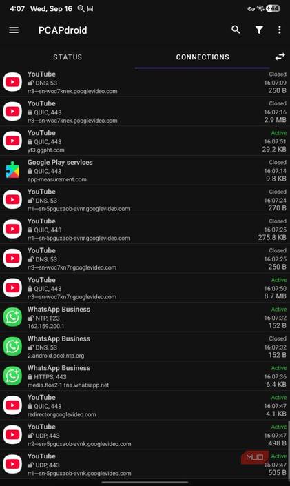 Youtube and whatsapp connection list PCAPdroid.