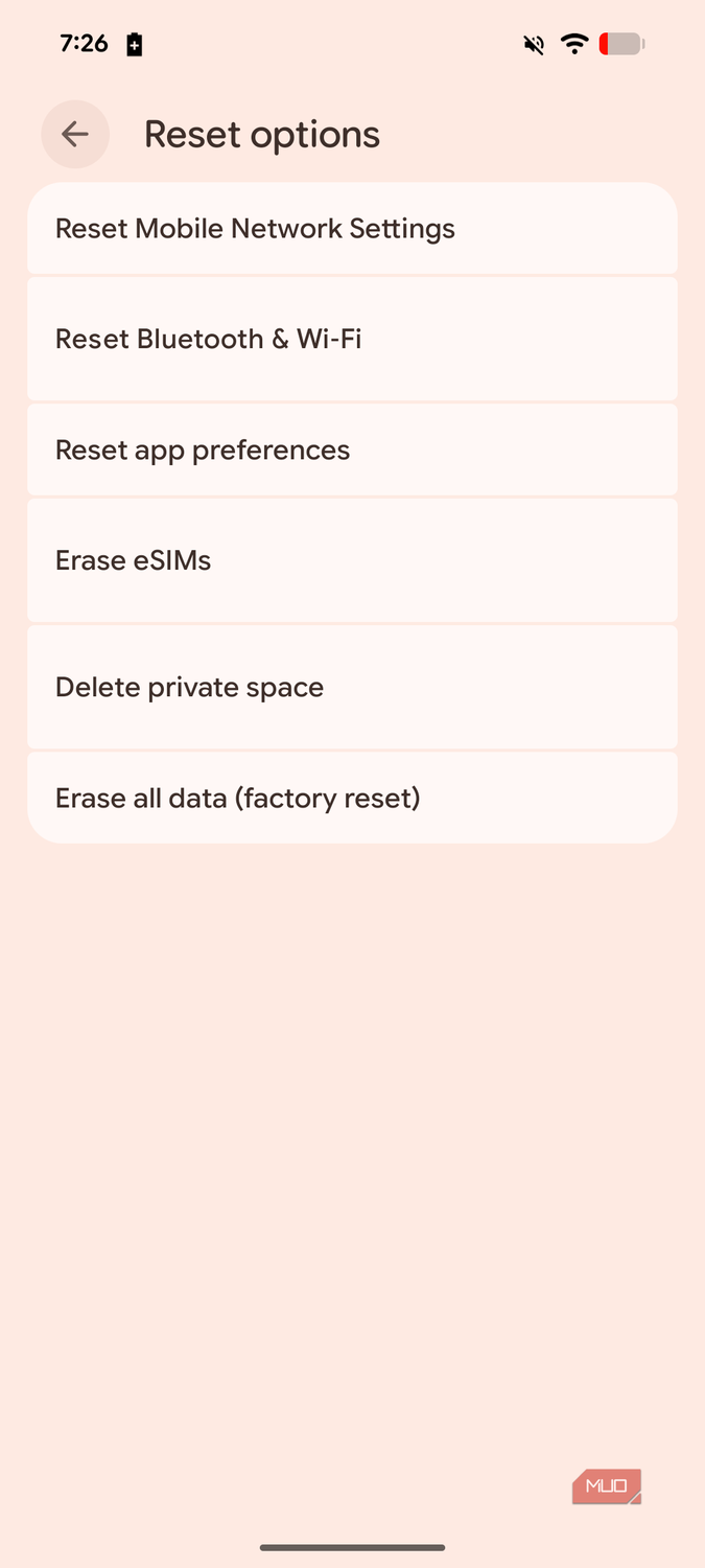 a screenshot of factory reset settings on pixel 8
