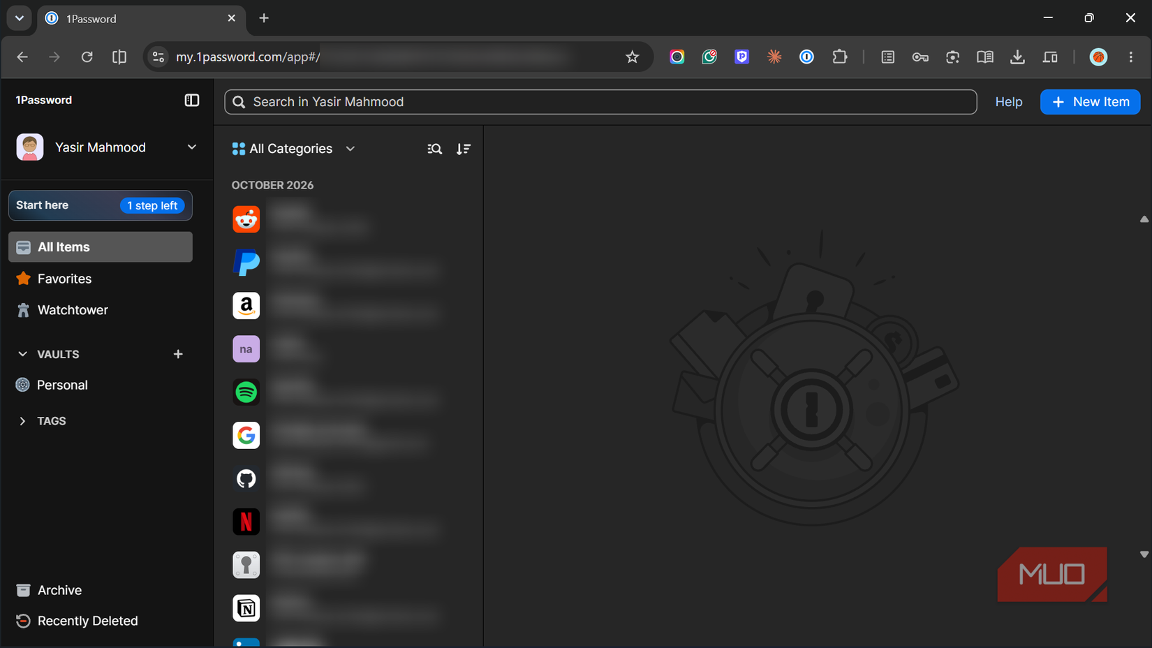 1Password web app showing saved logins in the vault-1.