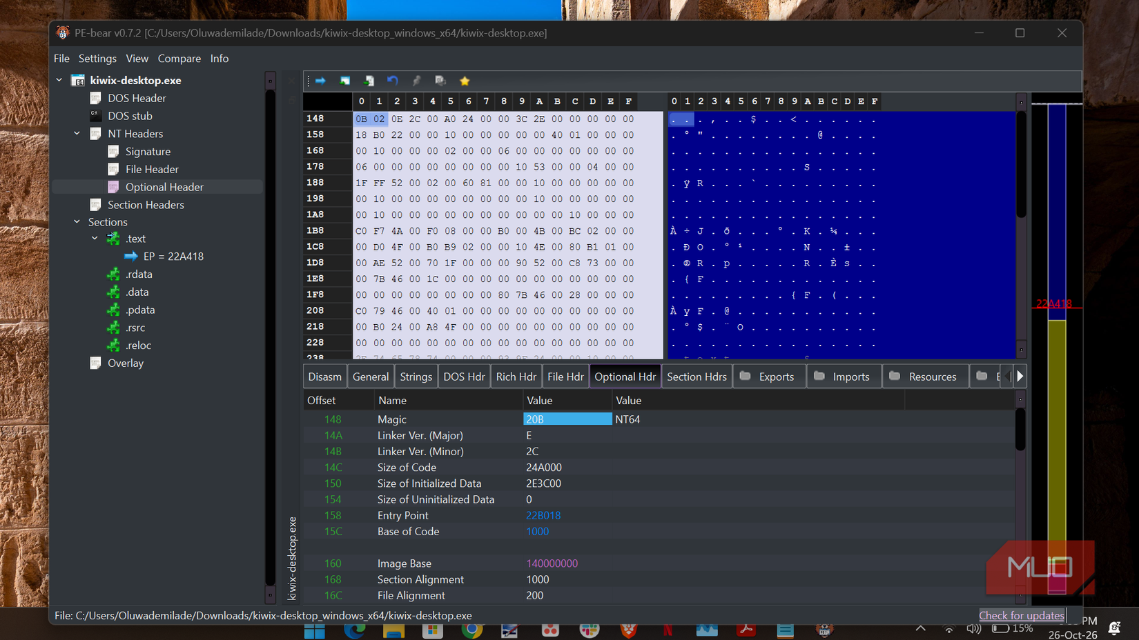 64-bit Windows executable in PE-bear showing the PE32+ magic value 20B