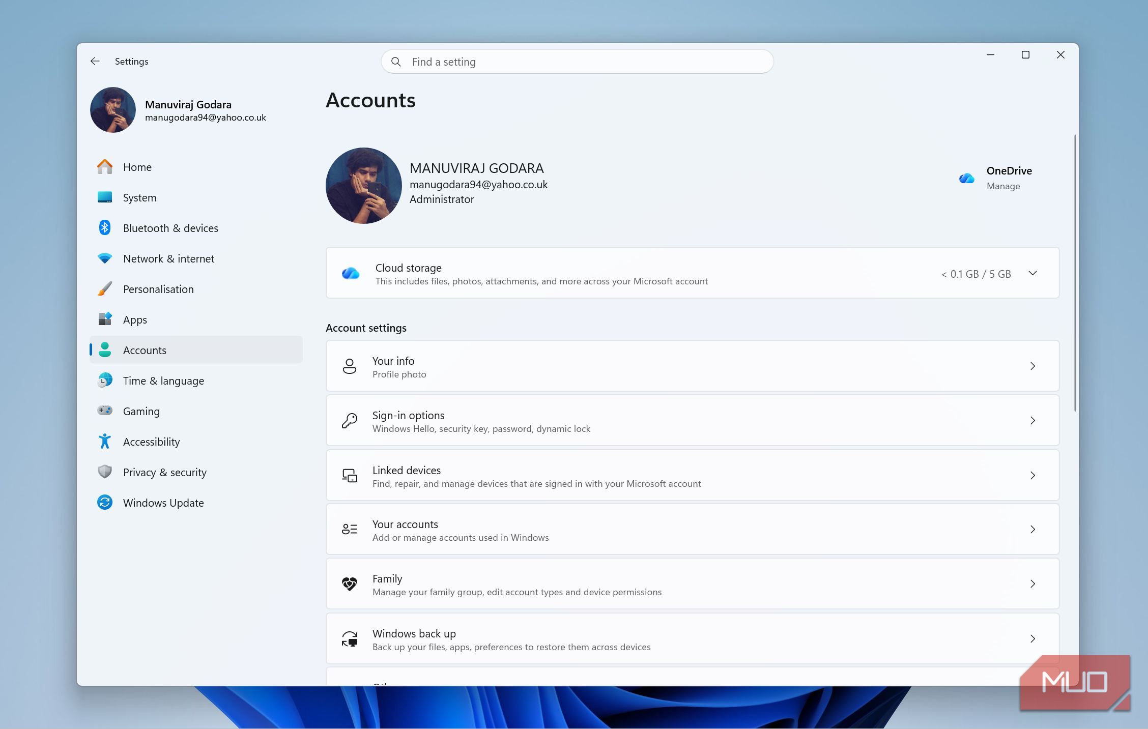 Вкладка управления учетными записями в настройках Windows