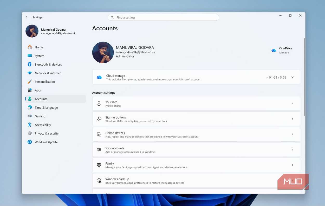 Учетные записи в параметрах Windows Вкладка управления учетными записями в настройках Windows