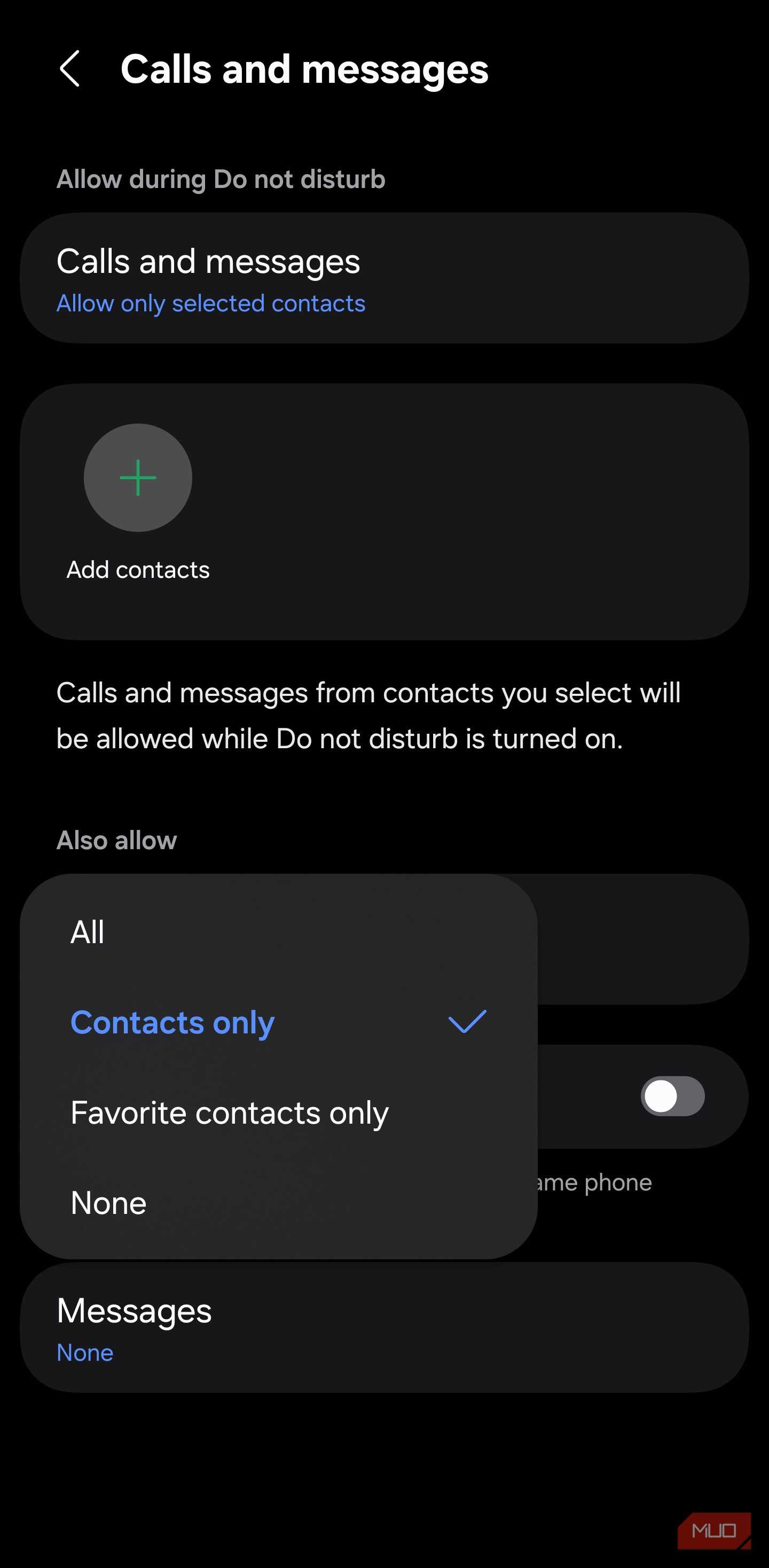 Allowed callers menu on Samsung Galaxy