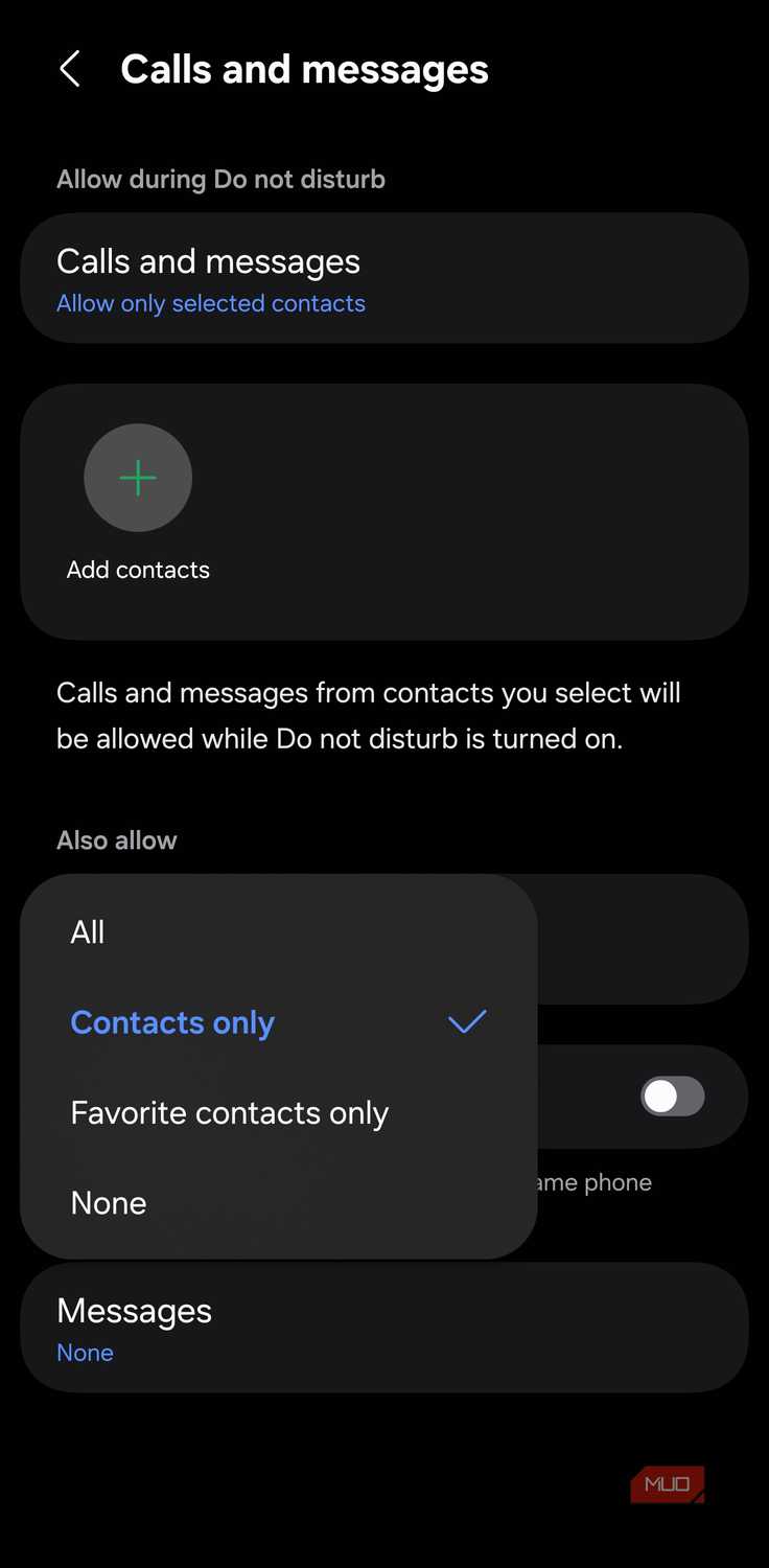 Allowed callers menu on Samsung Galaxy