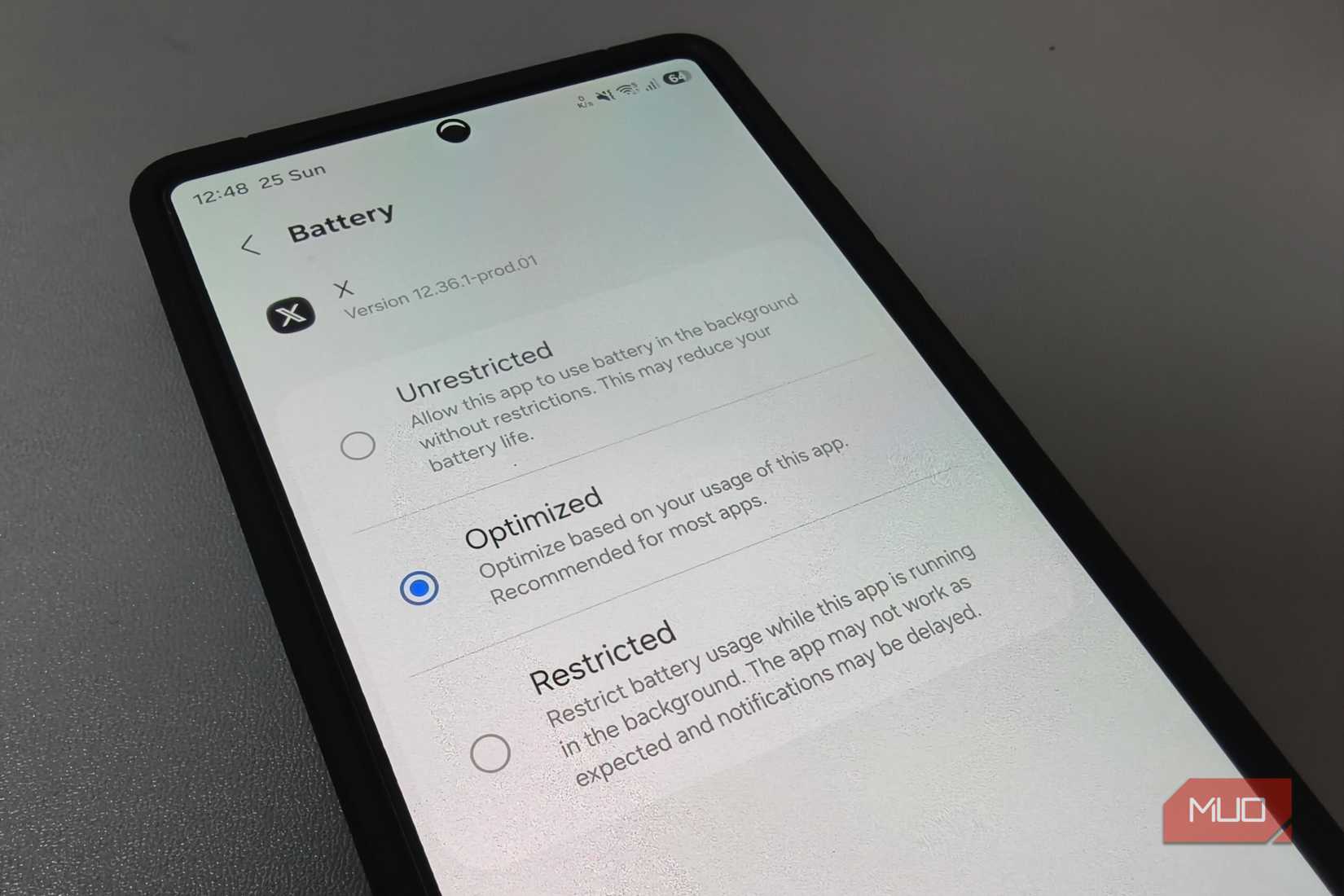 Android app battery settings showing Restricted option