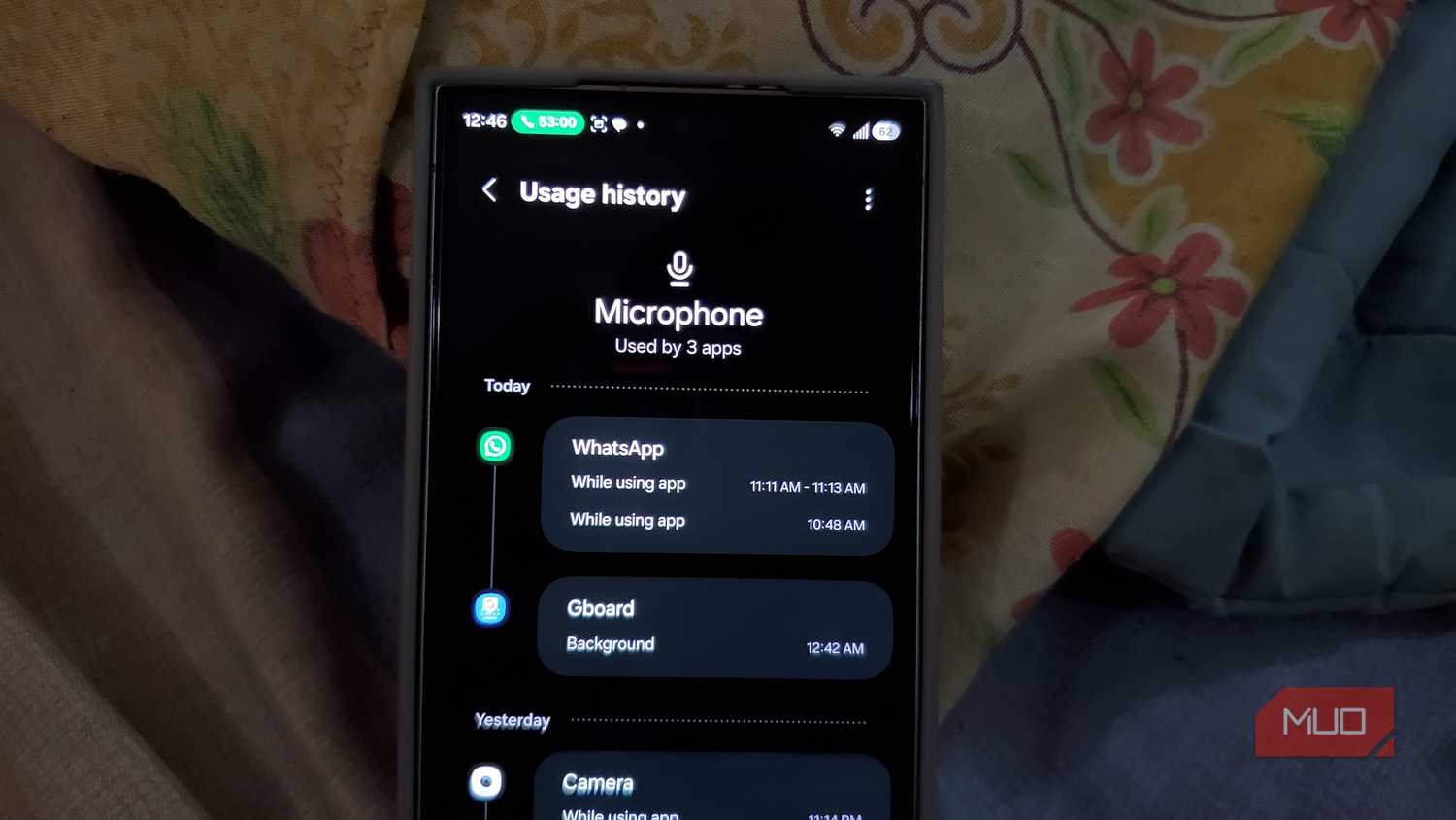Android Privacy Dashboard showing recent microphone access
