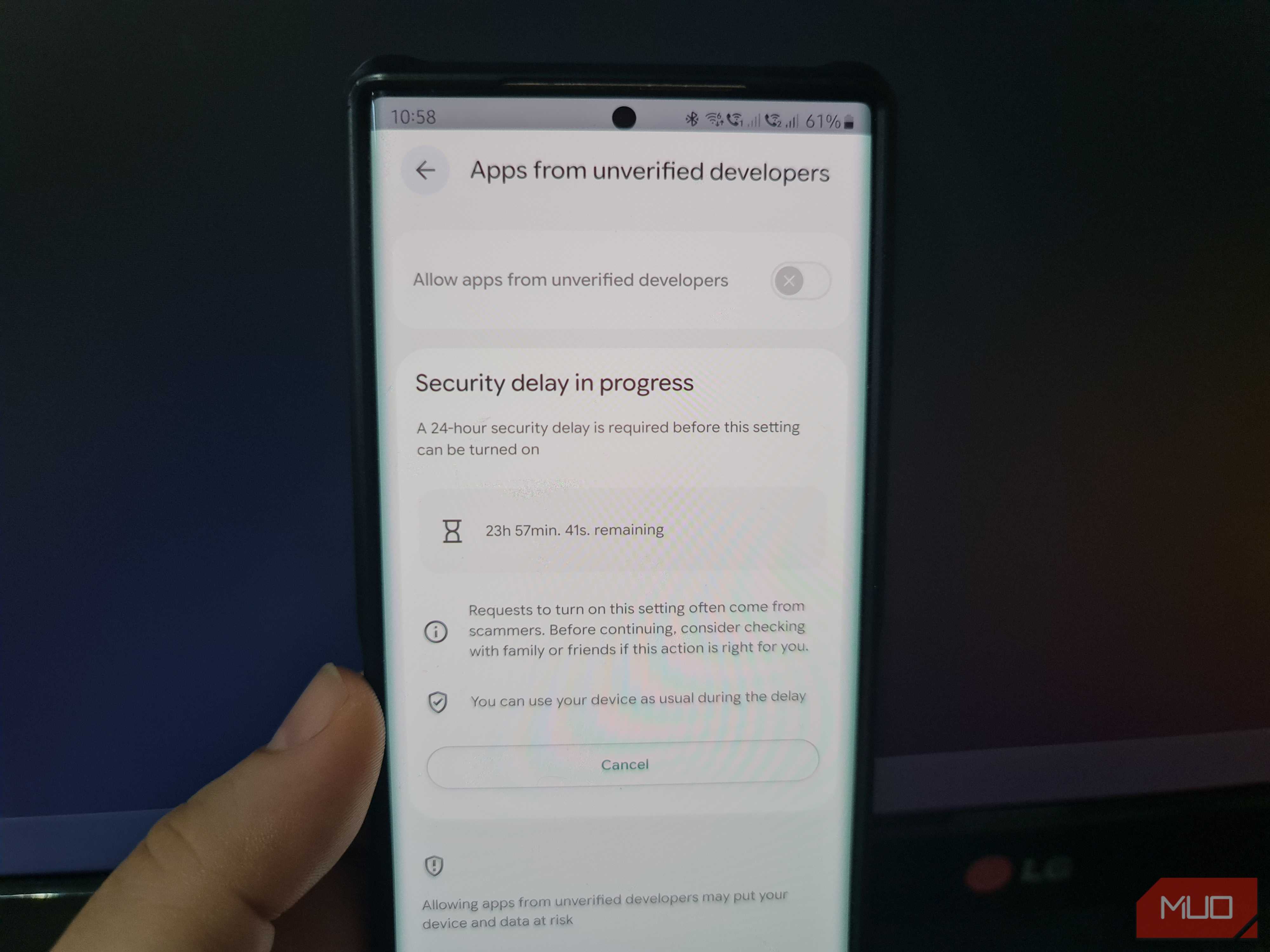 Samsung phone displaying the remaining security delay before unverified-app installation can be enabled