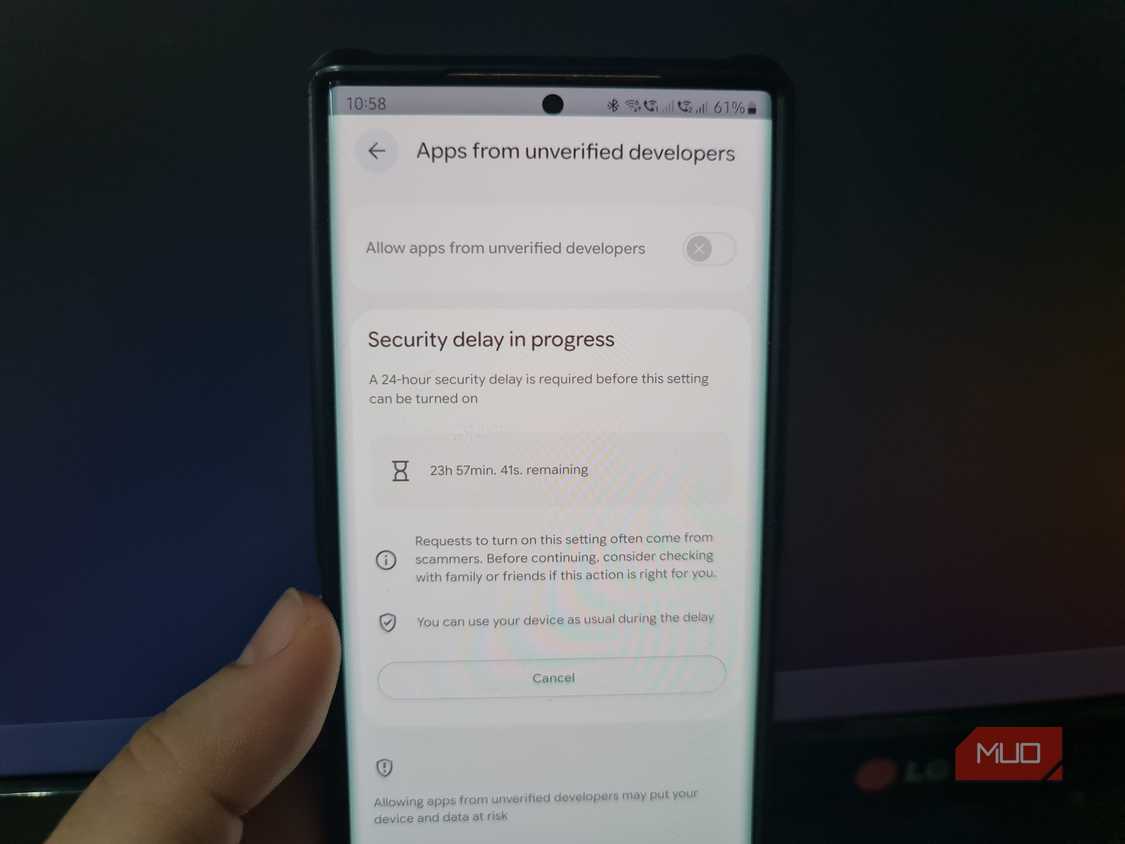 Samsung phone displaying the remaining security delay before unverified-app installation can be enabled