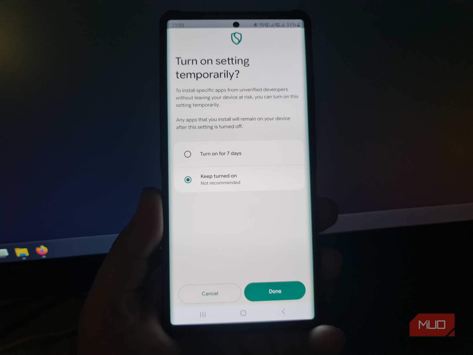 Android offering seven-day or ongoing permission for unverified apps, with Keep turned on selected