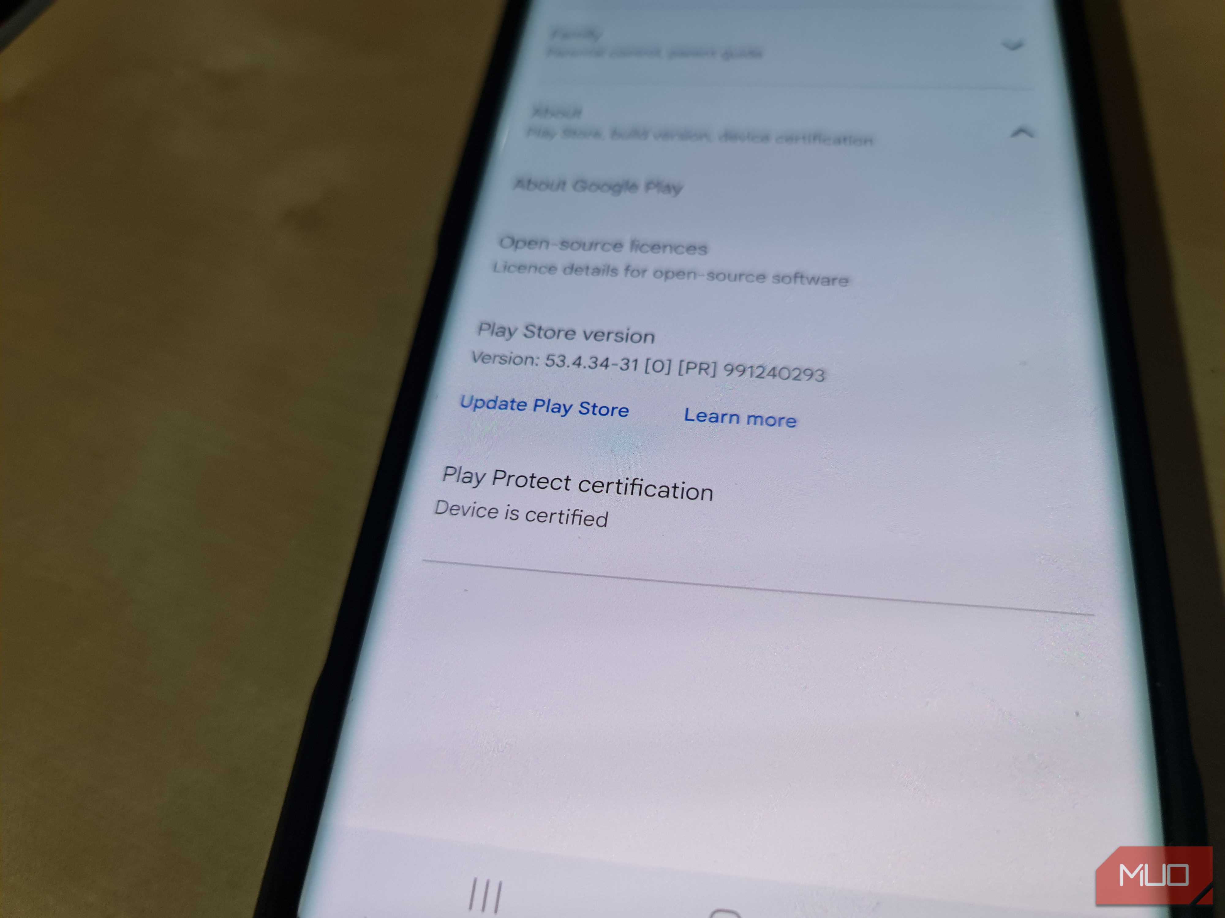 Google Play Store showing the Samsung Galaxy Note 20 is Play Protect certified