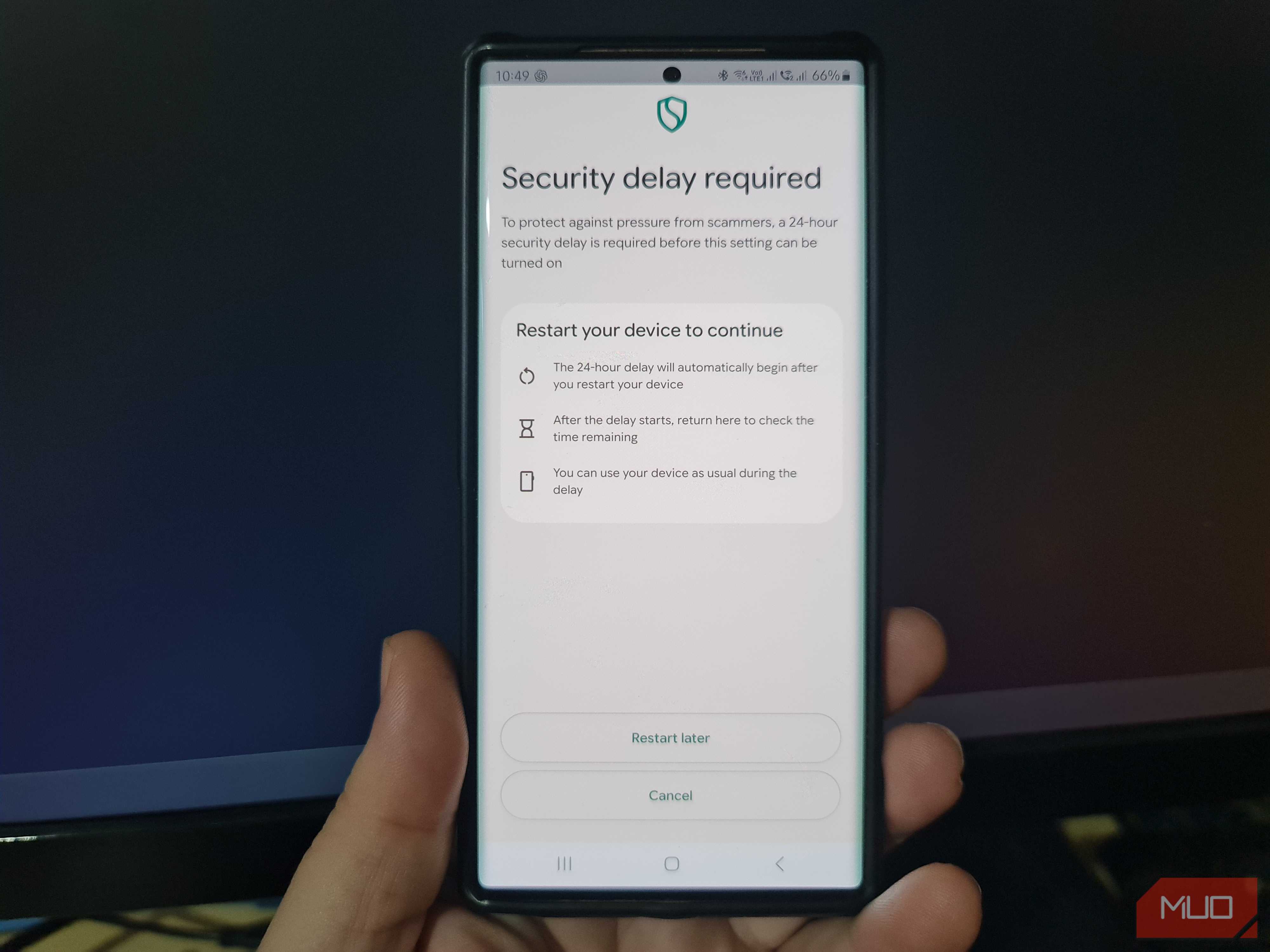 Android explaining that a 24-hour security delay begins after restarting the phone