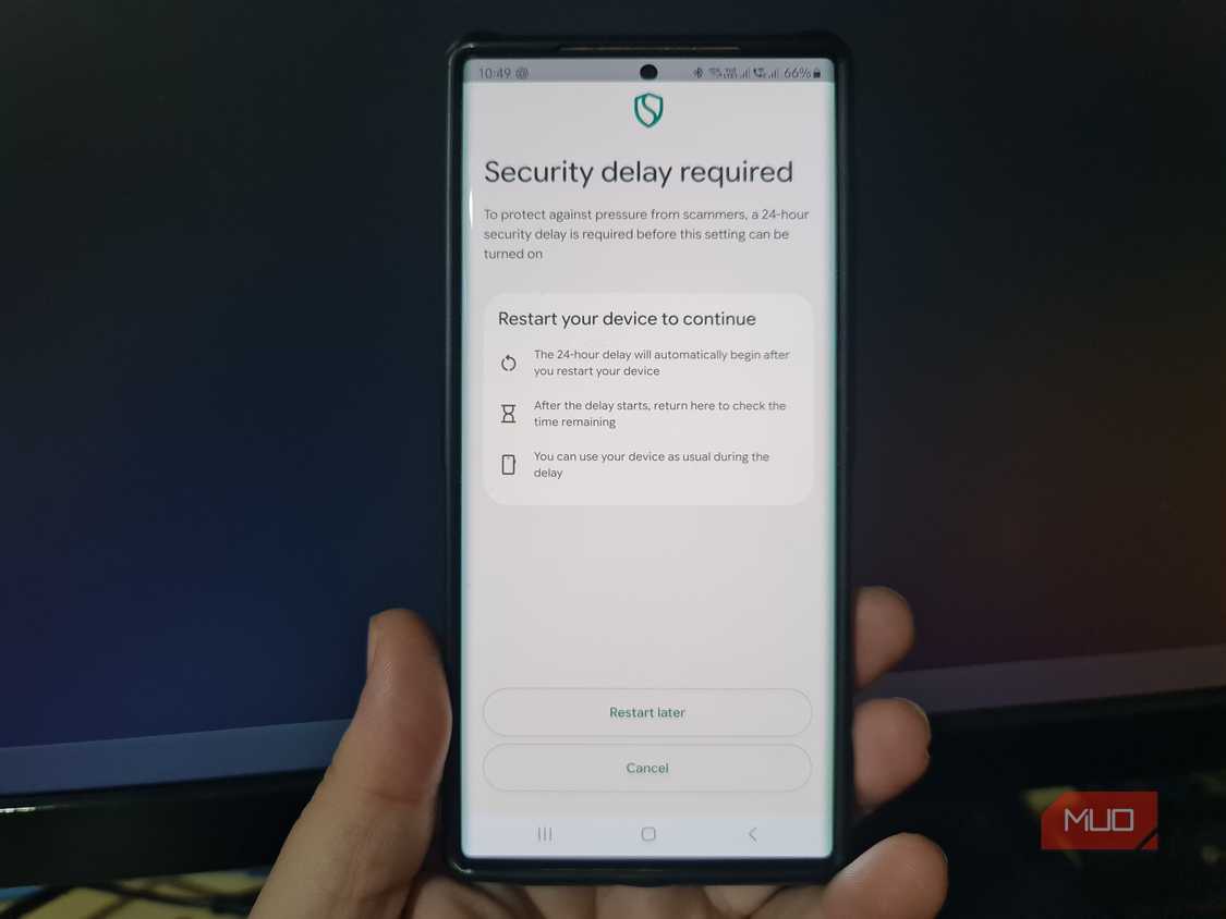 Android explaining that a 24-hour security delay begins after restarting the phone