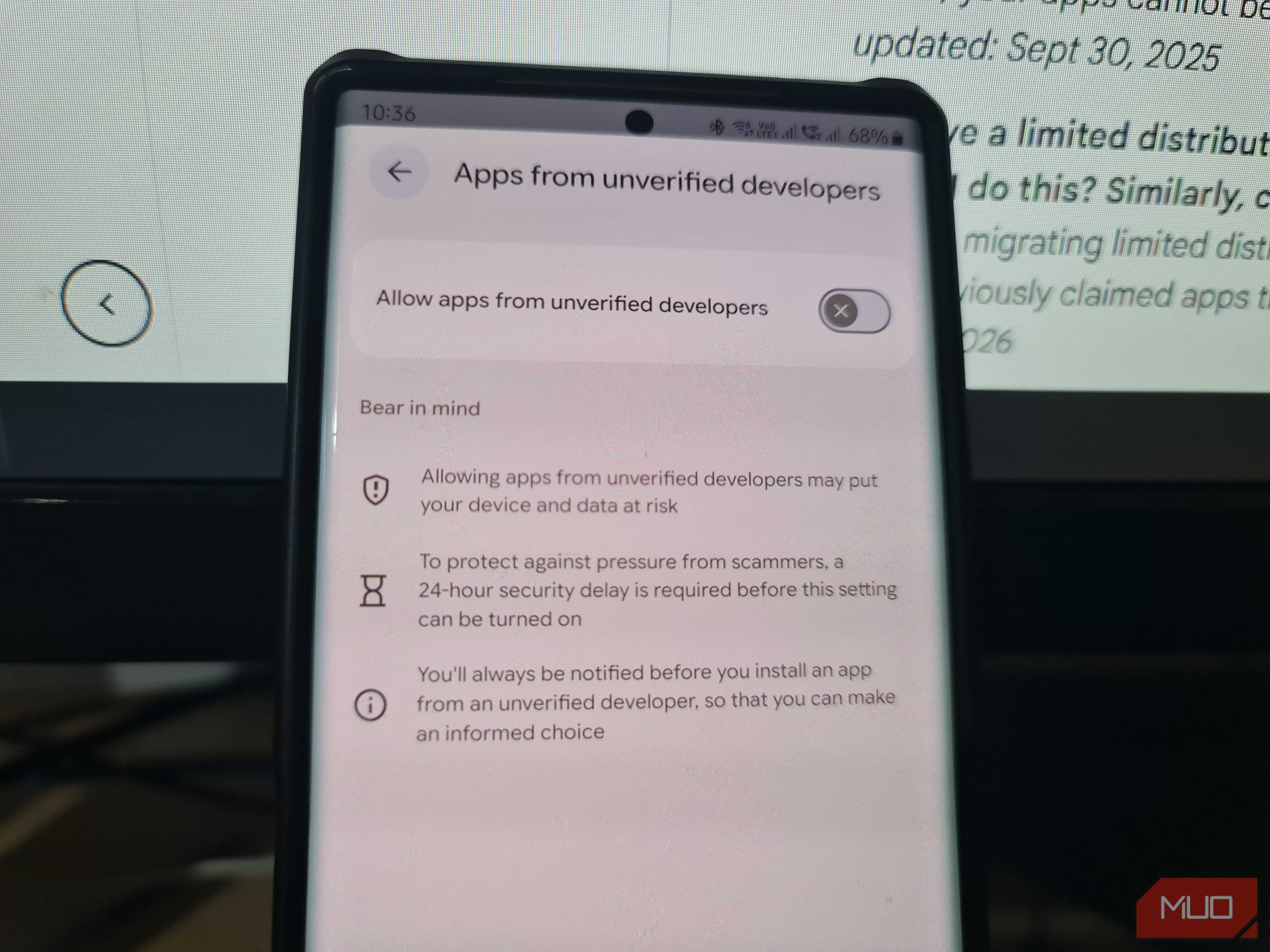 Samsung phone showing Allow apps from unverified developers switched off.
