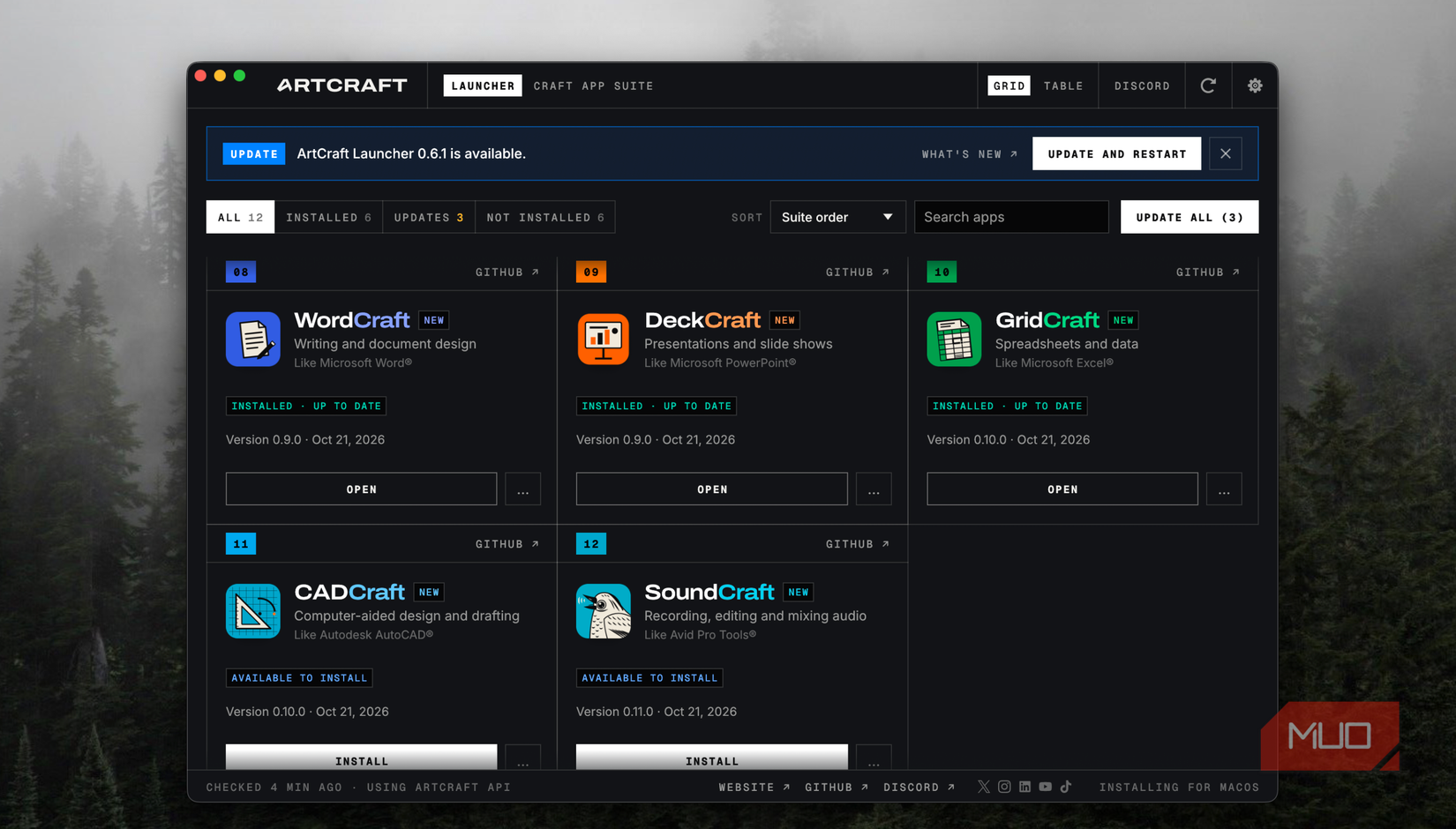 ArtCraft Launcher on Mac listing WordCraft, DeckCraft, GridCraft, CADCraft and SoundCraft apps