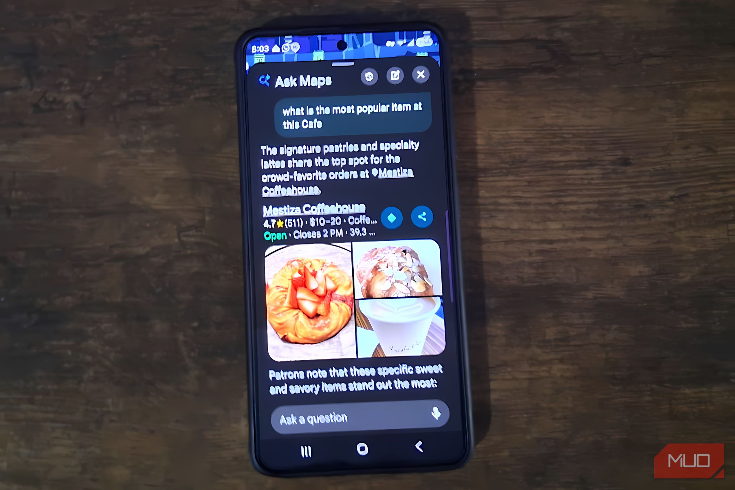 Google Maps As֫Maps showing popular menu items at Mestiza Coffehouse, with photos of pastries