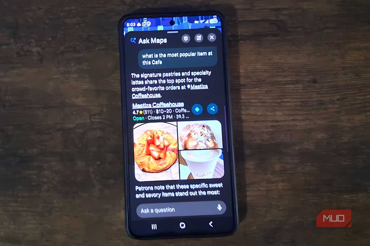 Google Maps As֫Maps showing popular menu items at Mestiza Coffehouse, with photos of pastries