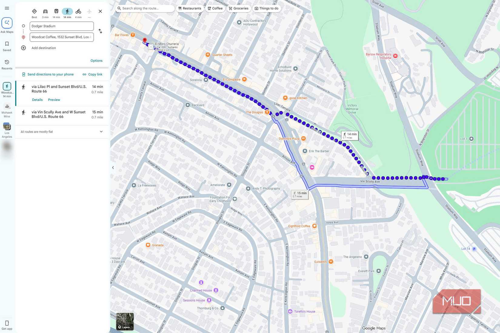 Ask Maps showing walk from Dodger Stadium to Woodcat coffee