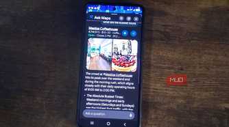 Google Maps Ask Maps showing the busiest hours for Mestiza Coffehouse on a smartphone