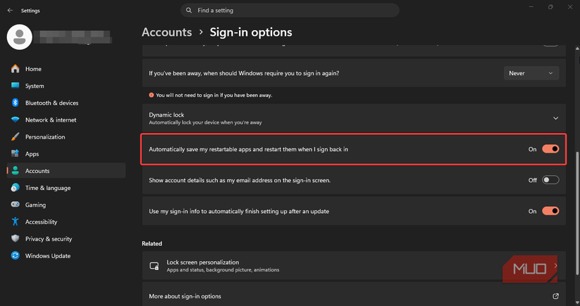 automatically save my restartable apps when I sign-in