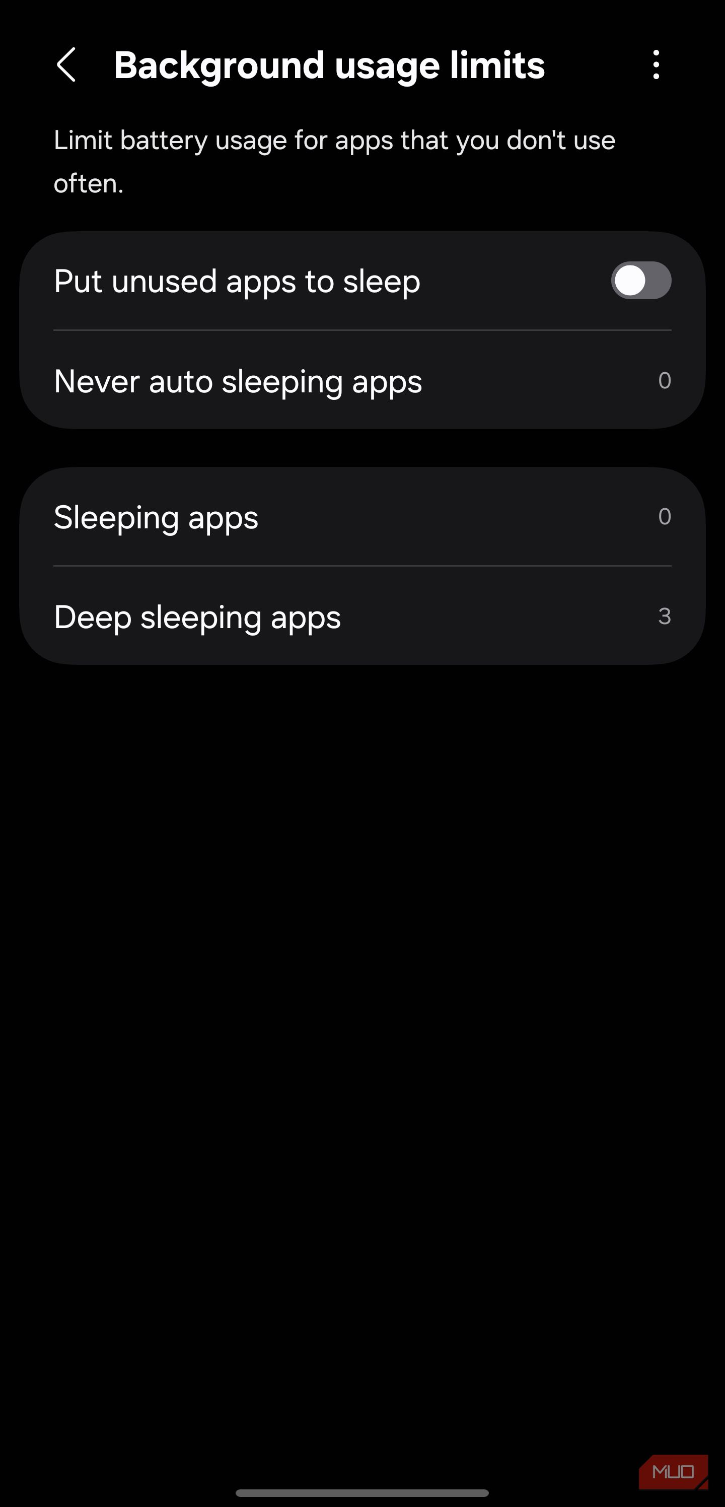 Списки спящих приложений в меню параметров One UI