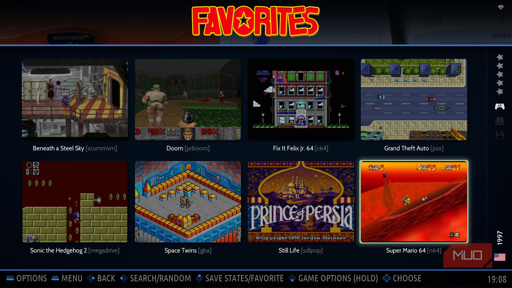 Batocera Favorites menu showing the retro games collected on the Zotac mini PC