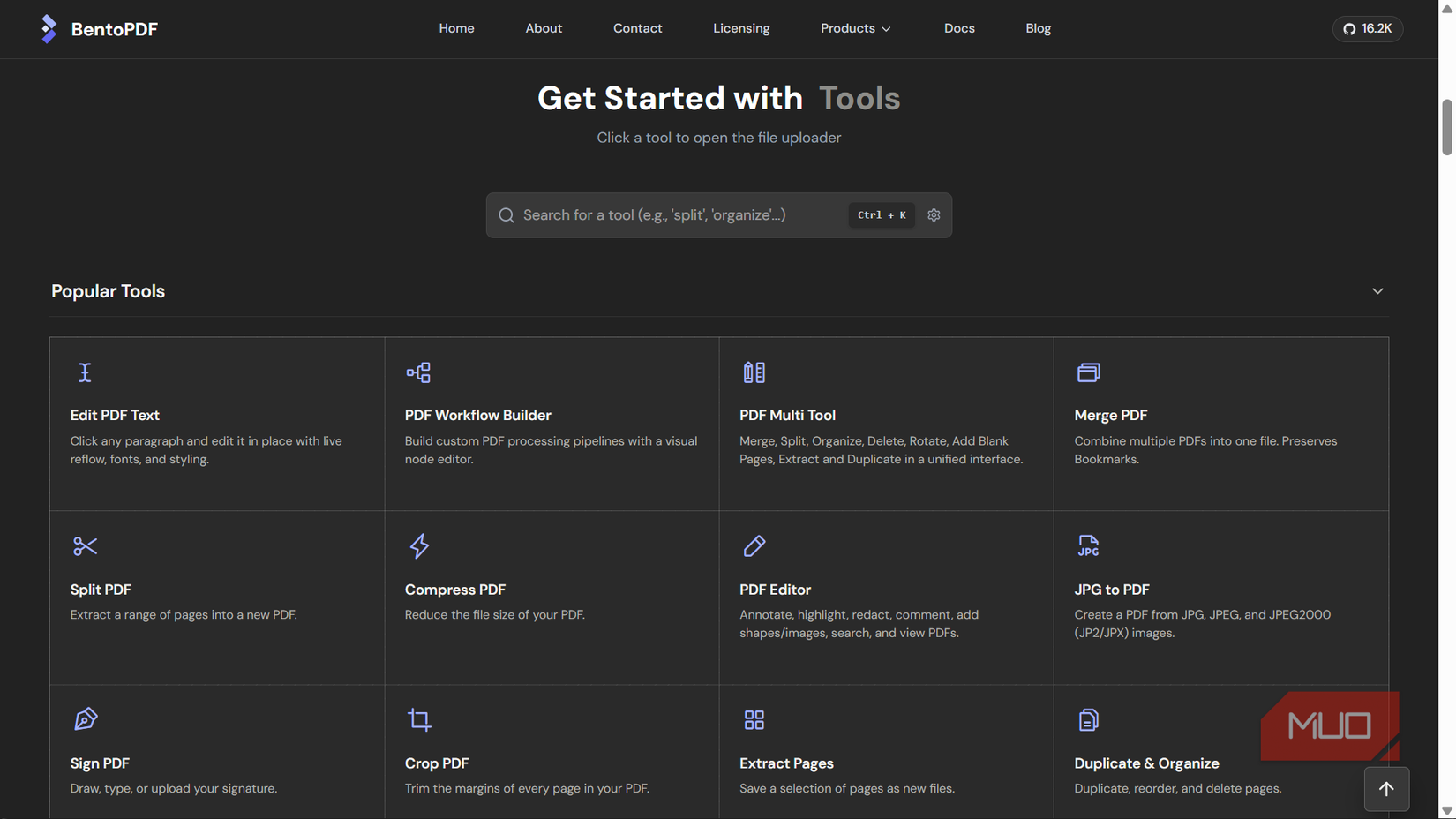 BentoPDF website showcasing popular tools menu