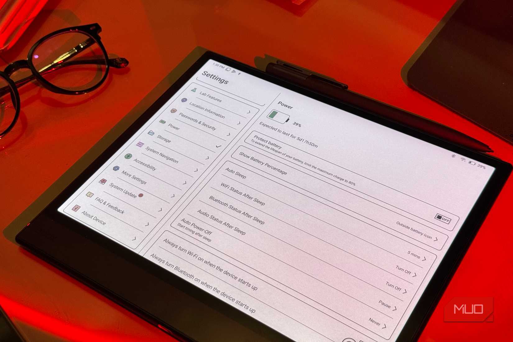 Boox Note Air6 C Settings showing the Power page with battery percentage and sleep options