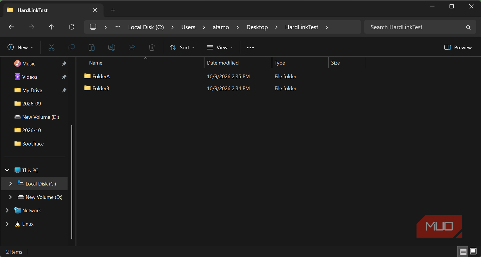 Both folders created within HardLinkTest for this experimeng