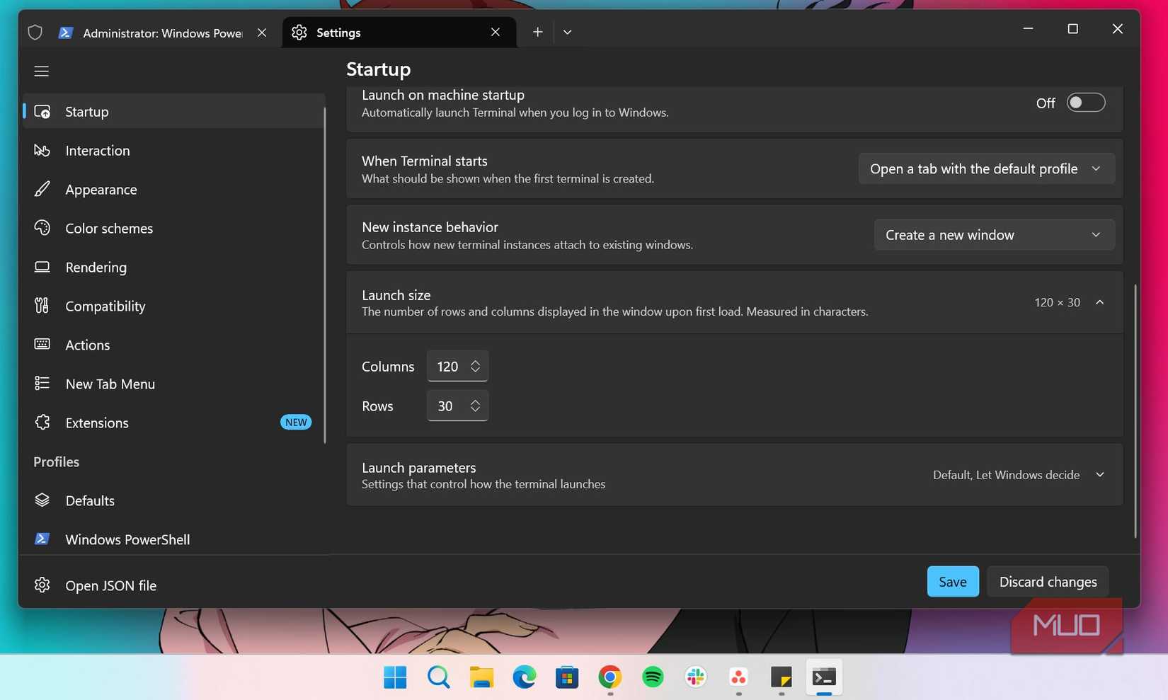 Changing terminal startup windows size